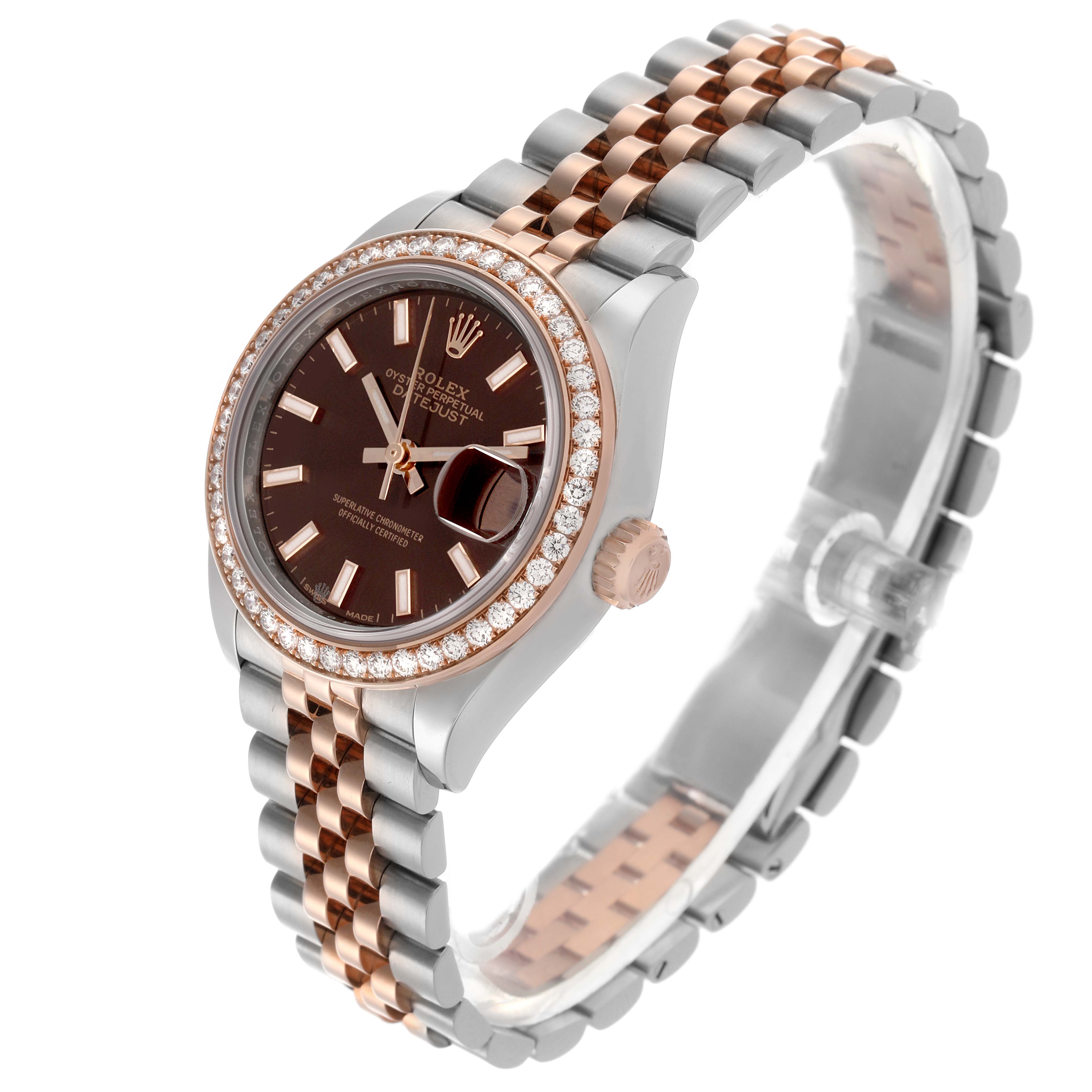 The Rolex Datejust 279381 Women's Steel and Gold (two tone) Brown Dial 279381 Women's Steel and Gold (two tone) Brown Dial watch is shown at a slightly angled side view, displaying the face, bezel, crown, and bracelet.