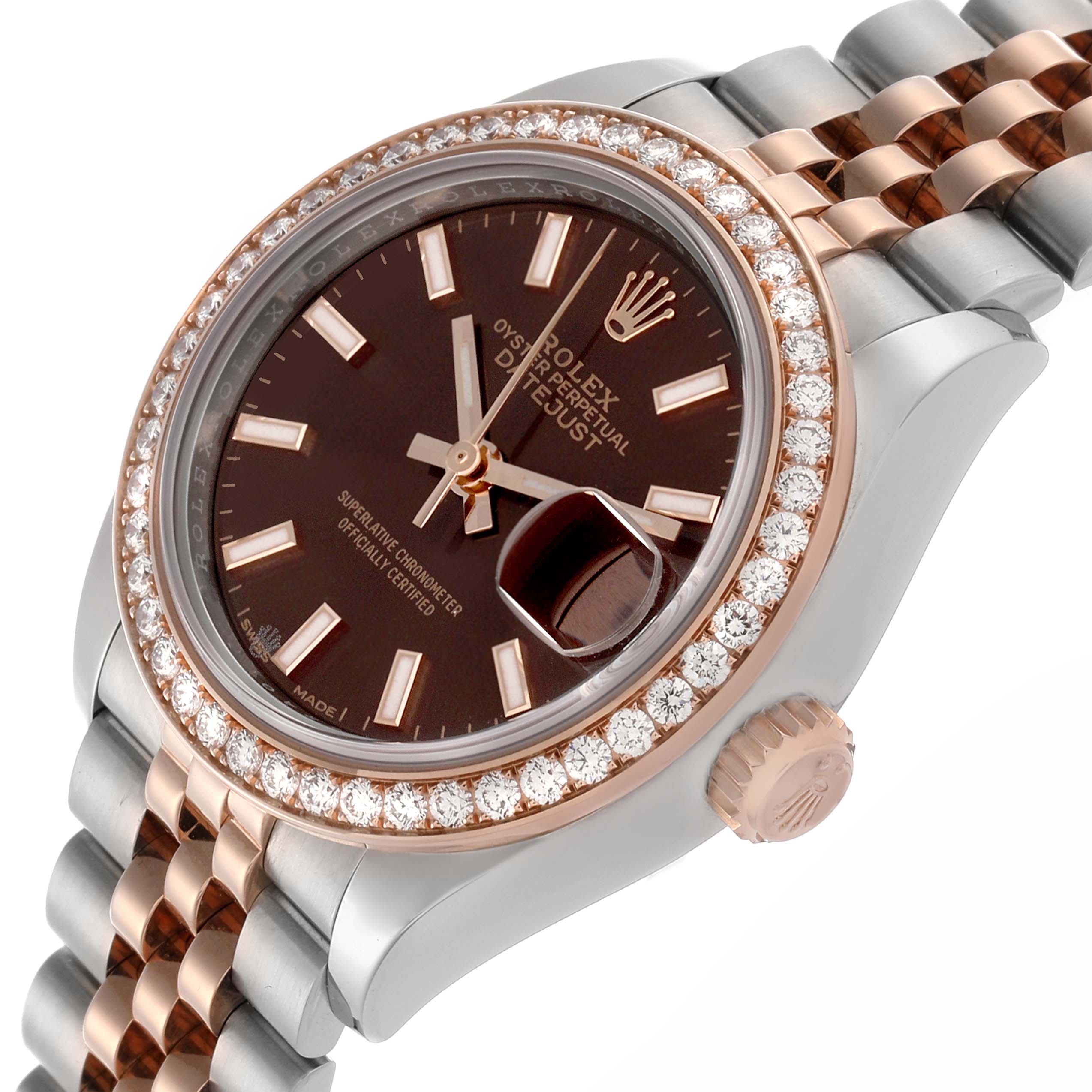 The Rolex Datejust 279381 Women's Steel and Gold (two tone) Brown Dial 279381 Women's Steel and Gold (two tone) Brown Dial watch is shown at a three-quarter angle, highlighting its brown dial, diamond bezel, and jubilee bracelet.