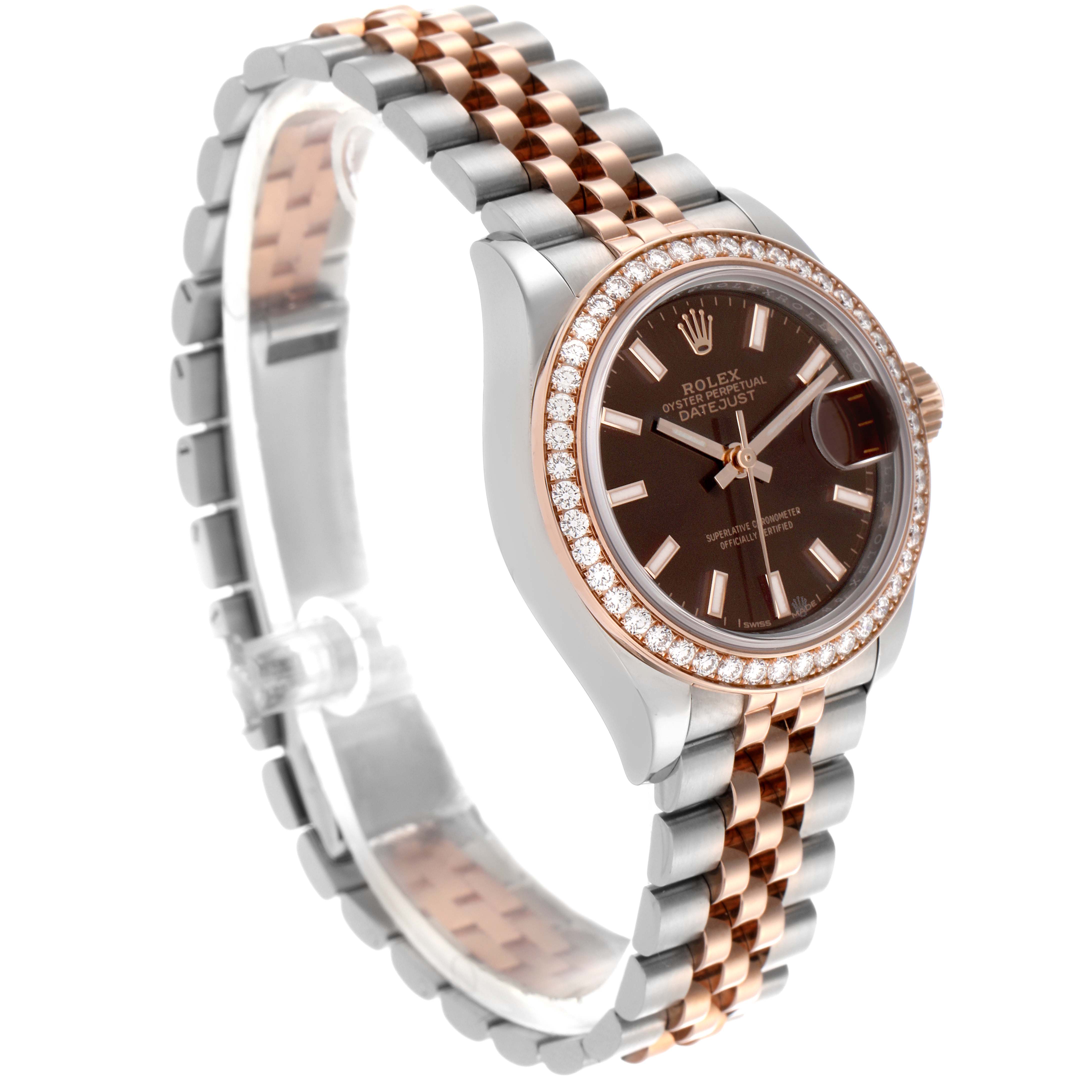 The Rolex Datejust 279381 Women's Steel and Gold (two tone) Brown Dial 279381 Women's Steel and Gold (two tone) Brown Dial is shown at a three-quarter angle, highlighting the bracelet, dial, and diamond bezel.