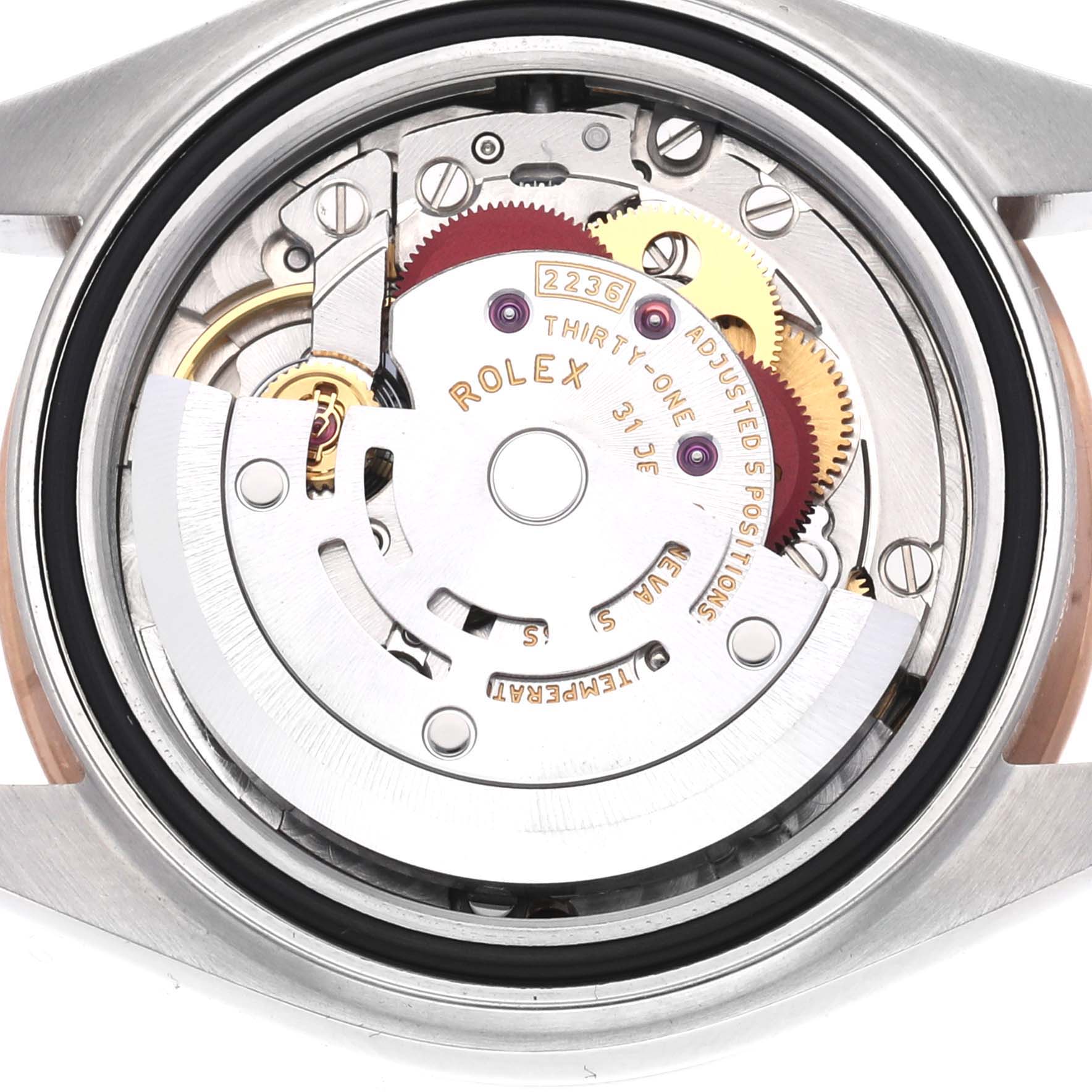 The image shows the movement mechanism of a Rolex Datejust 279381 Women's Steel and Gold (two tone) Brown Dial 279381 Women's Steel and Gold (two tone) Brown Dial watch viewed from the back.