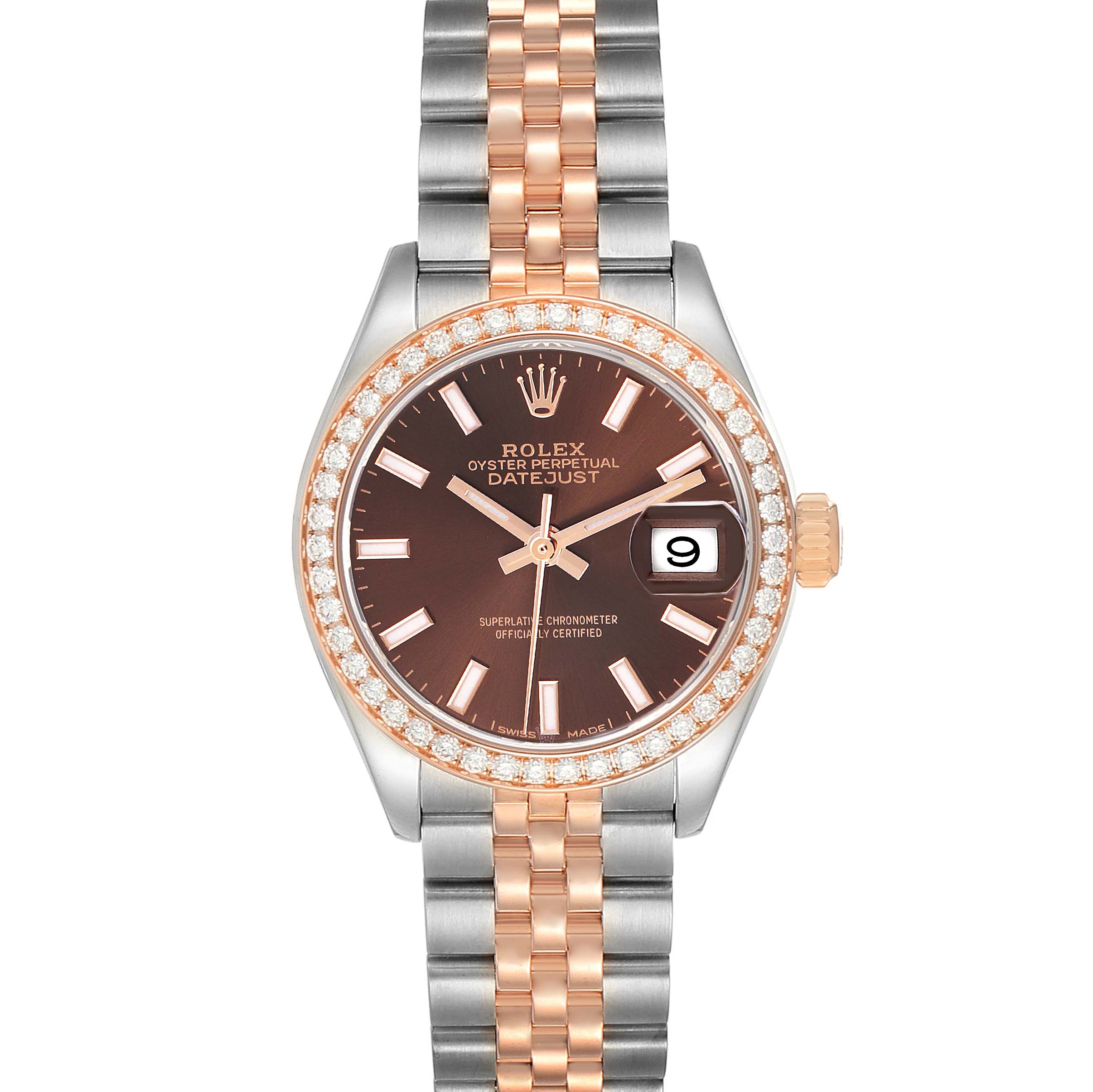 The Rolex Datejust 279381 Women's Steel and Gold (two tone) Brown Dial 279381 Women's Steel and Gold (two tone) Brown Dial watch is shown from a front view, displaying the dial, two-tone bracelet, diamond bezel, and date window.