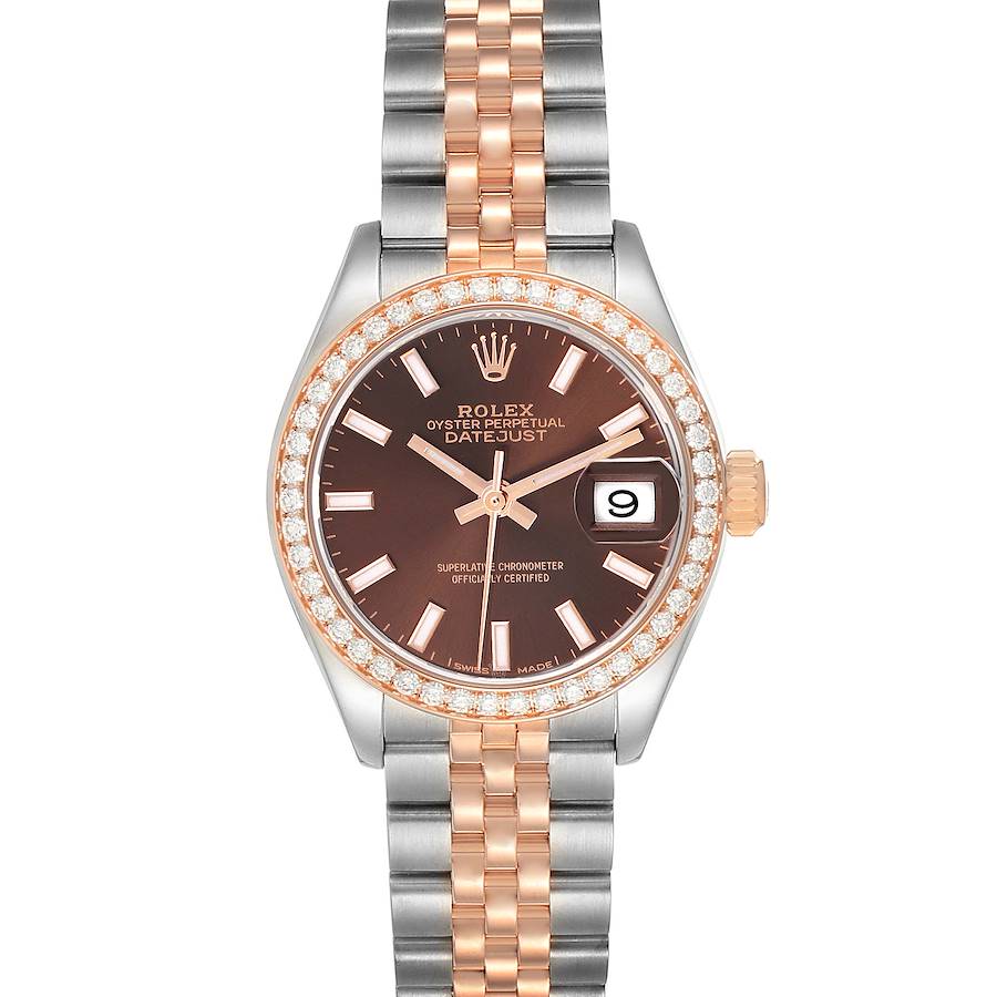 The Rolex Datejust watch is shown from a front view, displaying the dial, two-tone bracelet, diamond bezel, and date window.