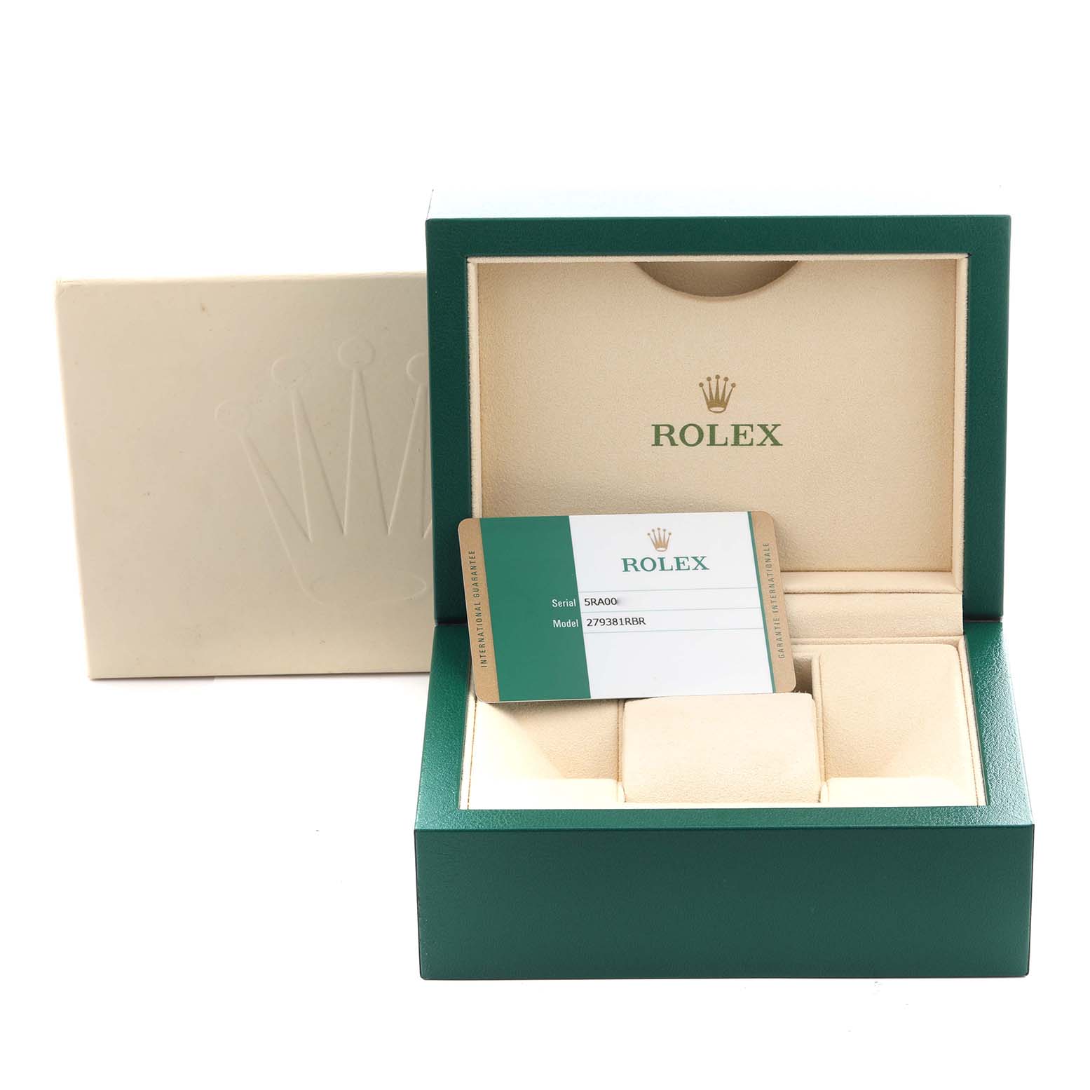 The image shows a Rolex Datejust 279381 Women's Steel and Gold (two tone) Brown Dial 279381 Women's Steel and Gold (two tone) Brown Dial box with open lid and an accompanying certification card.
