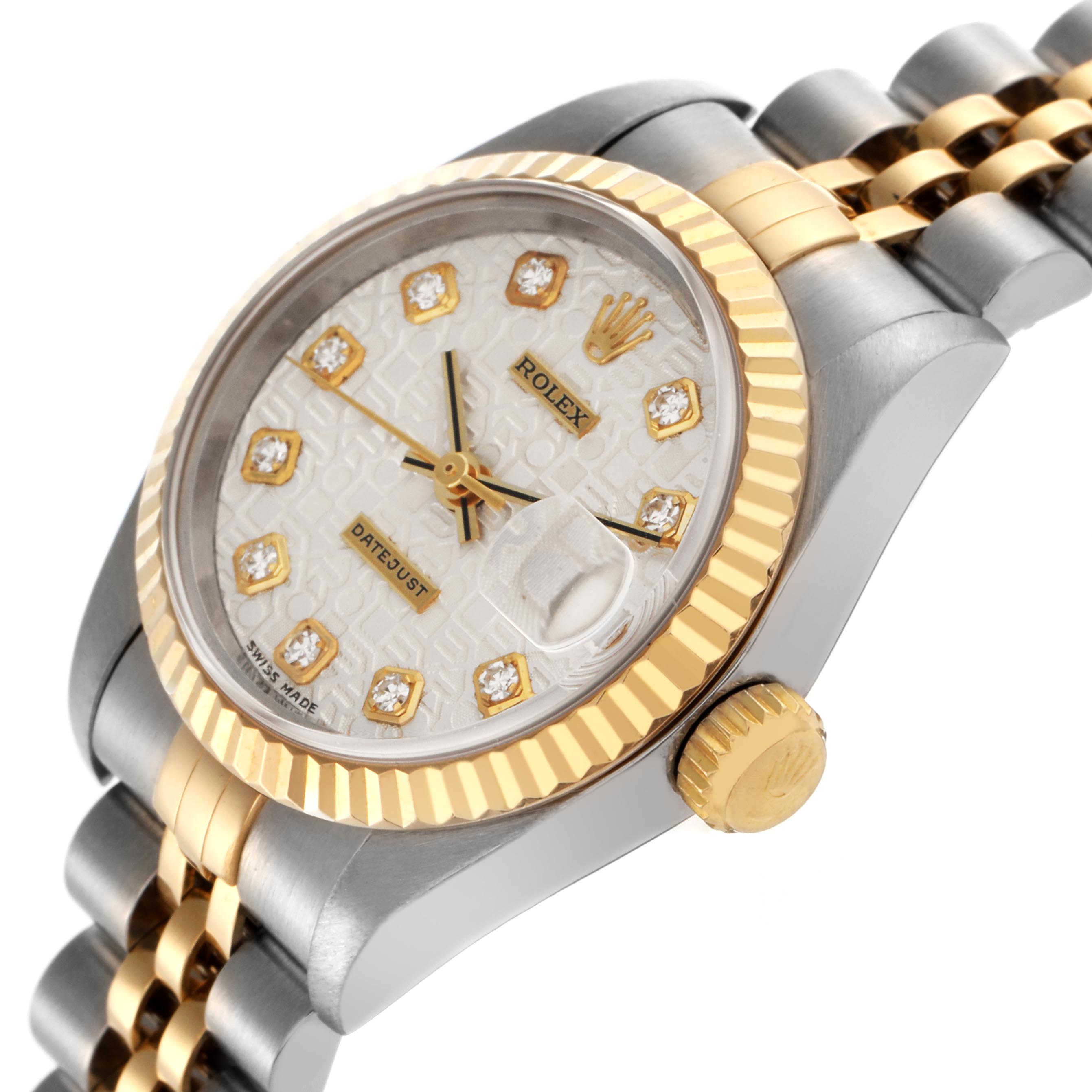 The Rolex Datejust 69173 Women's Steel and Gold (two tone) Silver Dial 69173 Women's Steel and Gold (two tone) Silver Dial watch is shown at an angle highlighting its dial, fluted bezel, and two-tone bracelet.