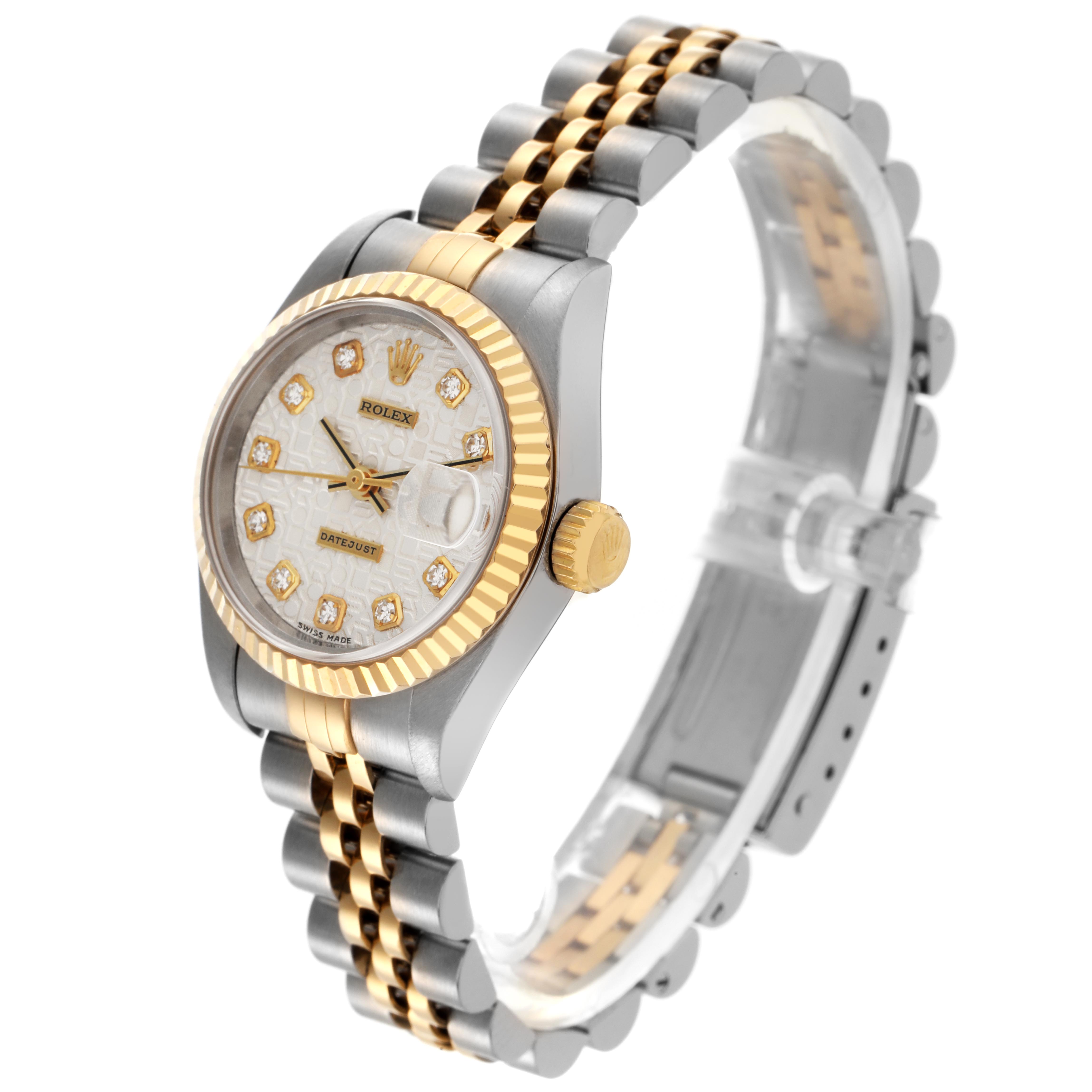 The Rolex Datejust 69173 Women's Steel and Gold (two tone) Silver Dial 69173 Women's Steel and Gold (two tone) Silver Dial watch is shown at a three-quarter angle, highlighting the dial, bezel, crown, and bracelet.