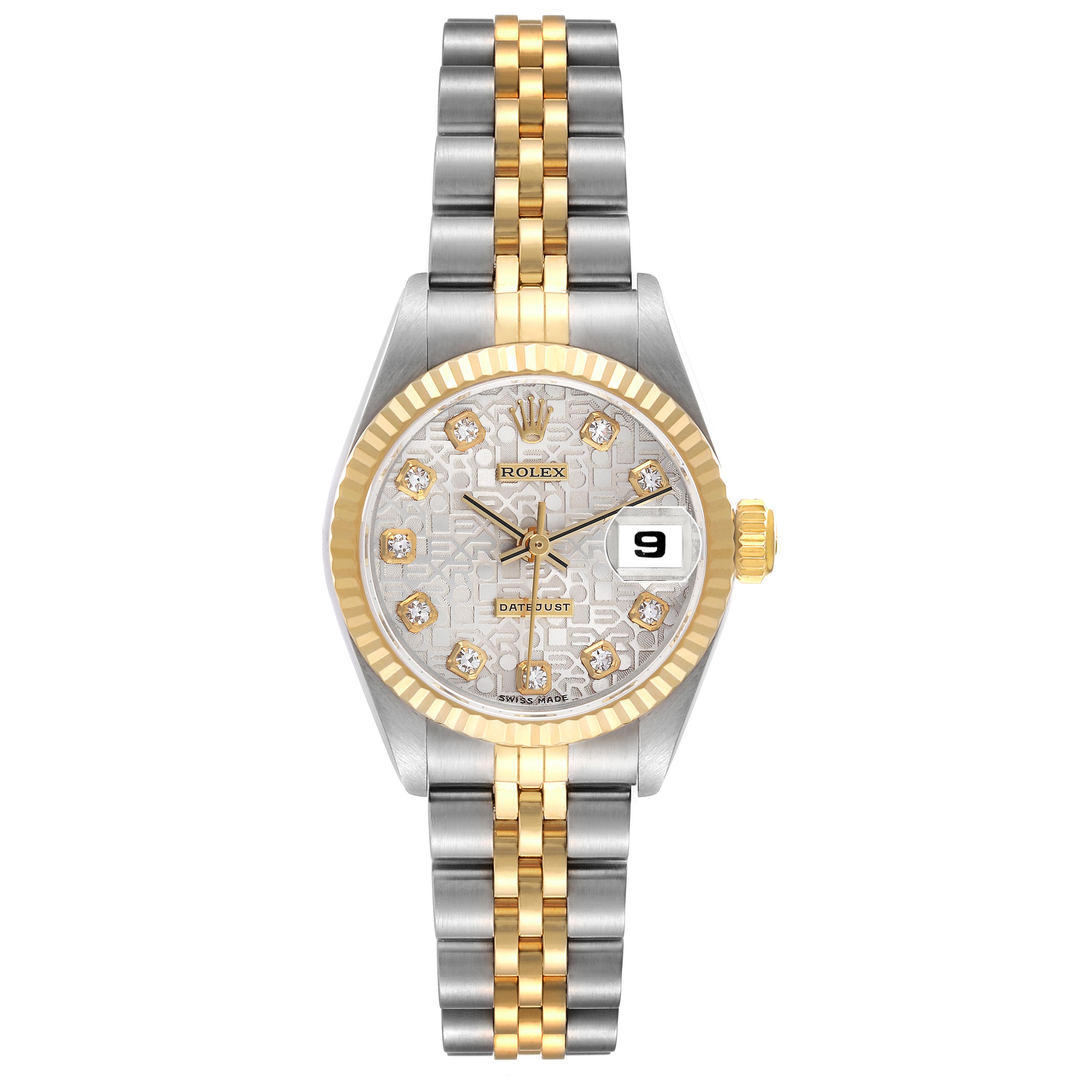 The Rolex Datejust 69173 Women's Steel and Gold (two tone) Silver Dial 69173 Women's Steel and Gold (two tone) Silver Dial watch is shown from a top view, showcasing its face, fluted bezel, crown, and two-tone bracelet.