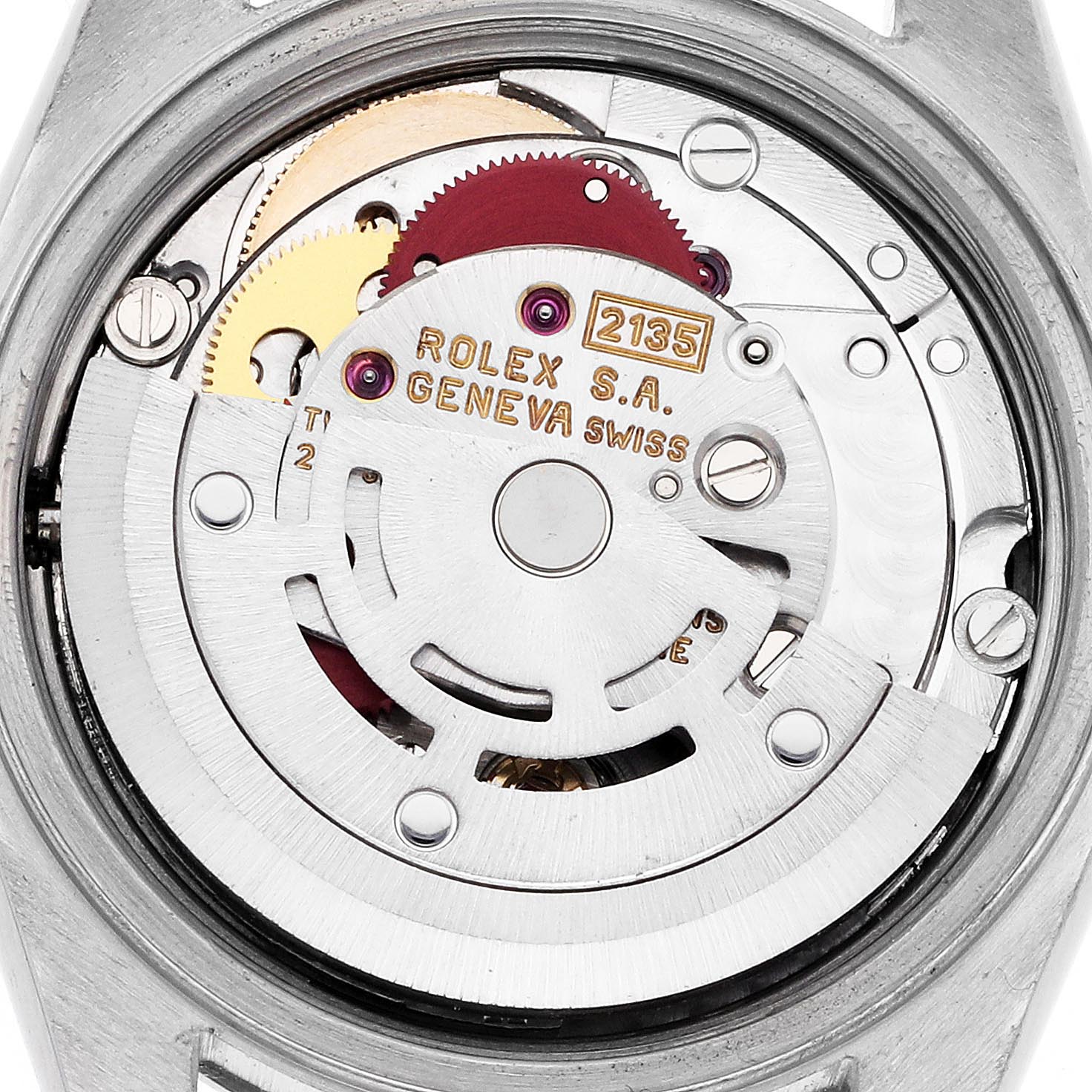 The image shows the movement of a Rolex Datejust 69173 Women's Steel and Gold (two tone) Silver Dial 69173 Women's Steel and Gold (two tone) Silver Dial watch from a rear angle, highlighting gears and inscriptions.