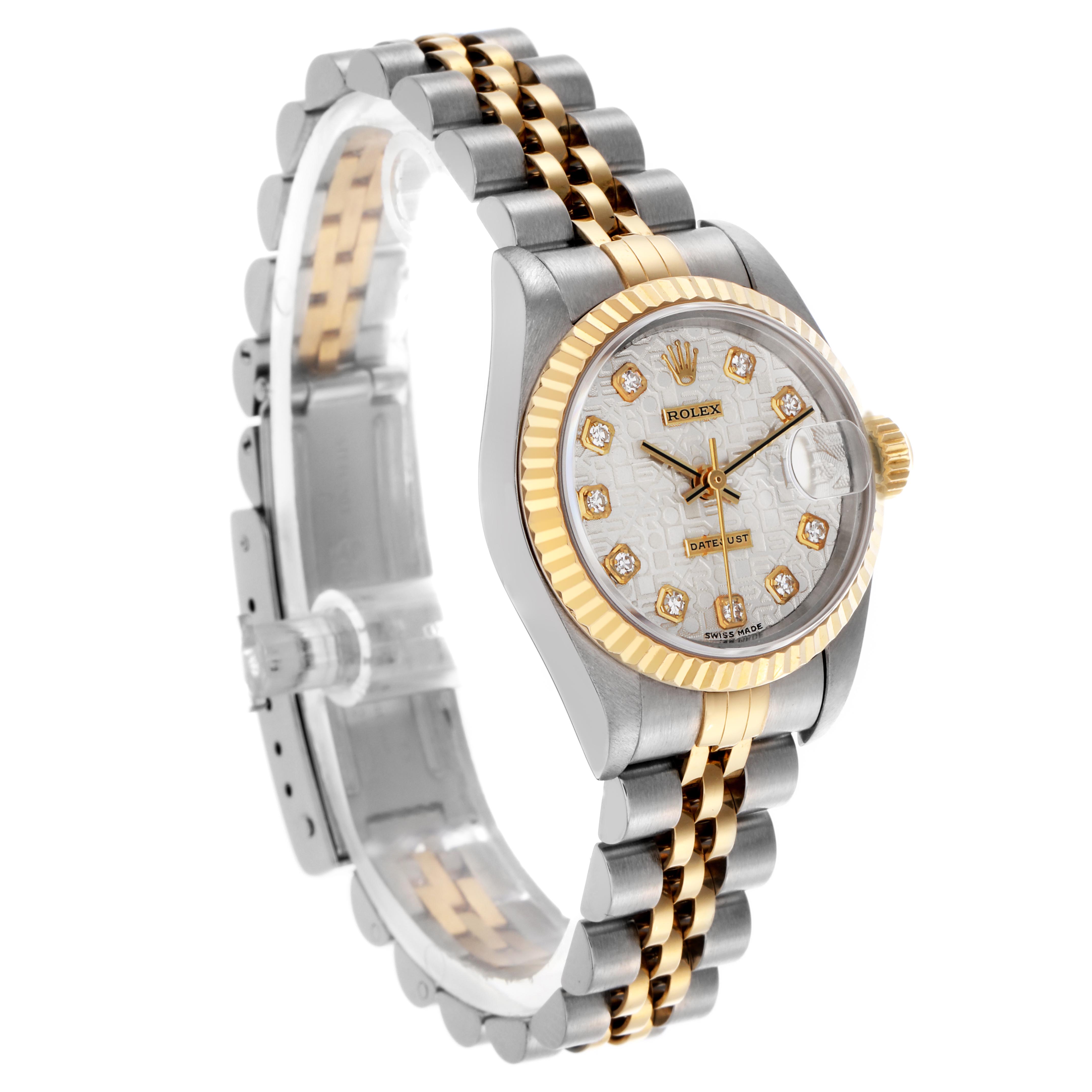 The Rolex Datejust 69173 Women's Steel and Gold (two tone) Silver Dial 69173 Women's Steel and Gold (two tone) Silver Dial watch is shown at a three-quarter angle displaying the face, fluted bezel, Jubilee bracelet, and crown.
