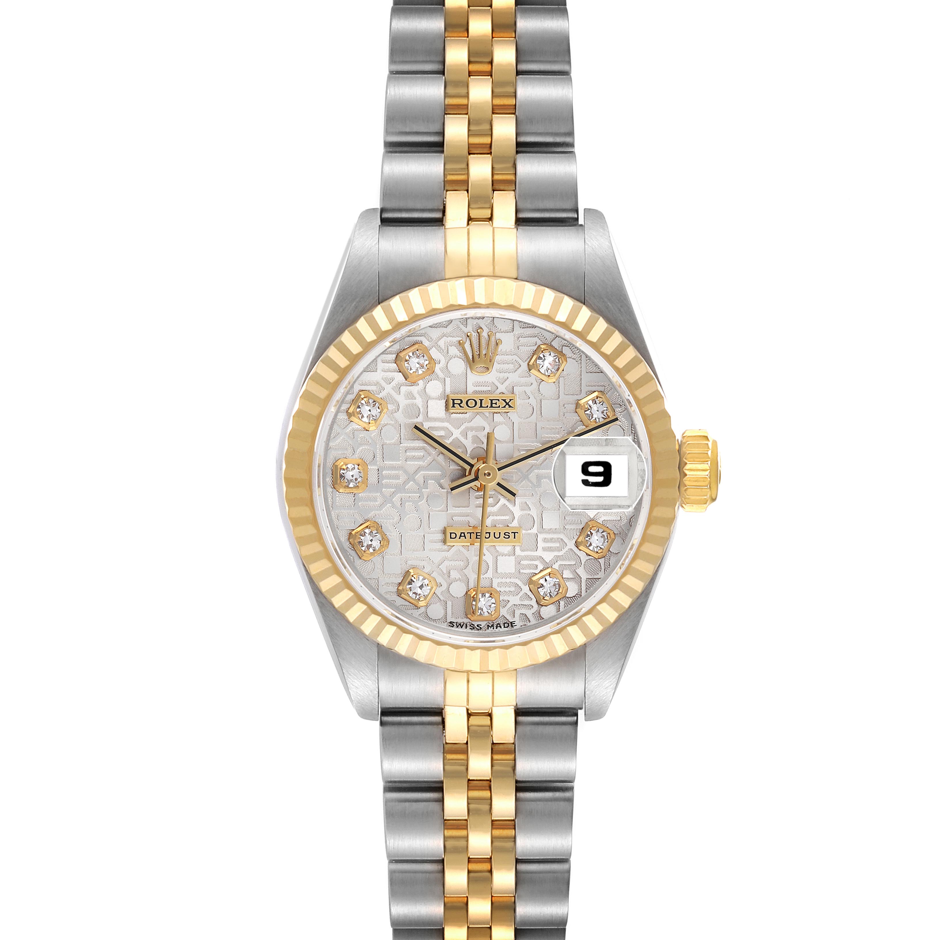 The Rolex Datejust 69173 Women's Steel and Gold (two tone) Silver Dial 69173 Women's Steel and Gold (two tone) Silver Dial watch is shown from a top-down angle, displaying its dial, bezel, and two-tone bracelet.