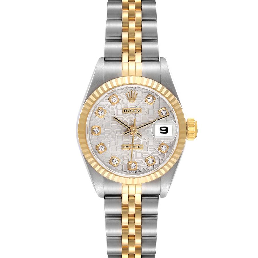 The Rolex Datejust watch is shown from a top-down angle, displaying its dial, bezel, and two-tone bracelet.
