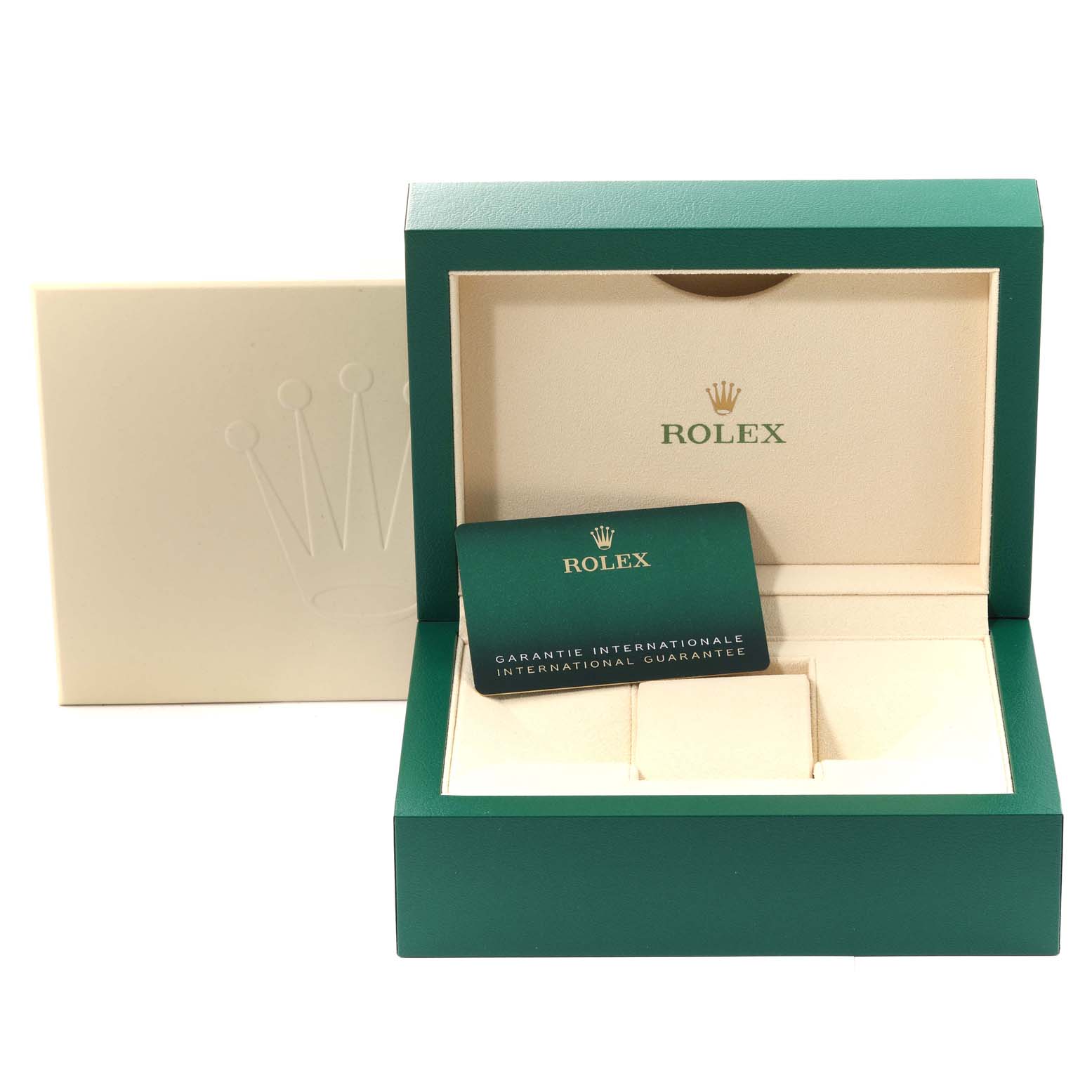 The image shows the open packaging box and international guarantee card for a Rolex Datejust 126234 Men's Stainless Steel Blue Dial 126234 Men's Stainless Steel Blue Dial watch.