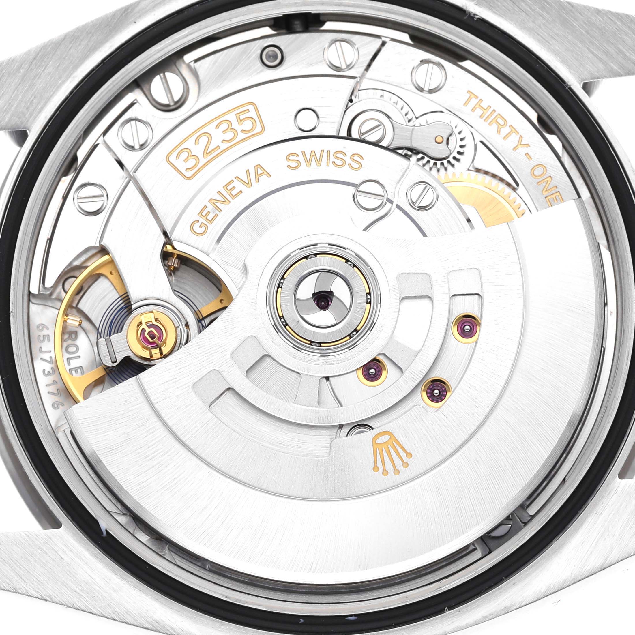 This image shows the detailed movement of the Rolex Datejust 126234 Men's Stainless Steel Blue Dial 126234 Men's Stainless Steel Blue Dial watch from a close-up angle, featuring the 3235 caliber mechanism.