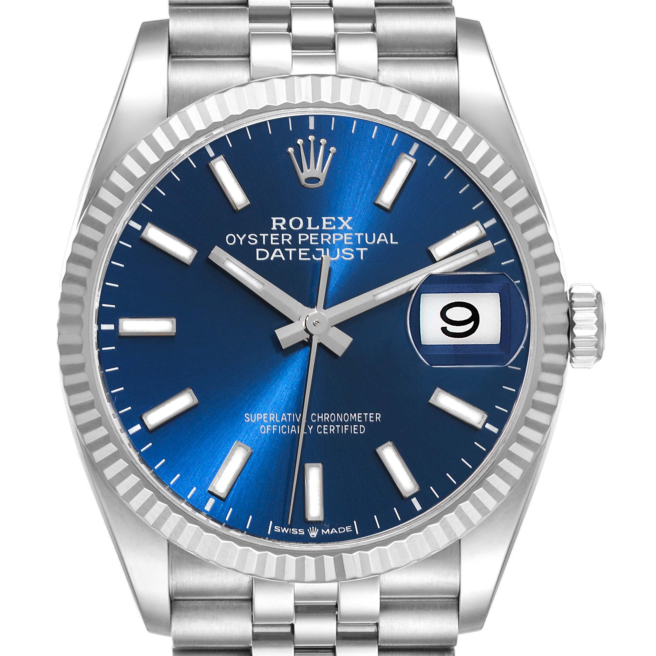 This image shows a close-up of a Rolex Datejust 126234 Men's Stainless Steel Blue Dial 126234 Men's Stainless Steel Blue Dial watch face, highlighting the blue dial, fluted bezel, jubilee bracelet, and date window.