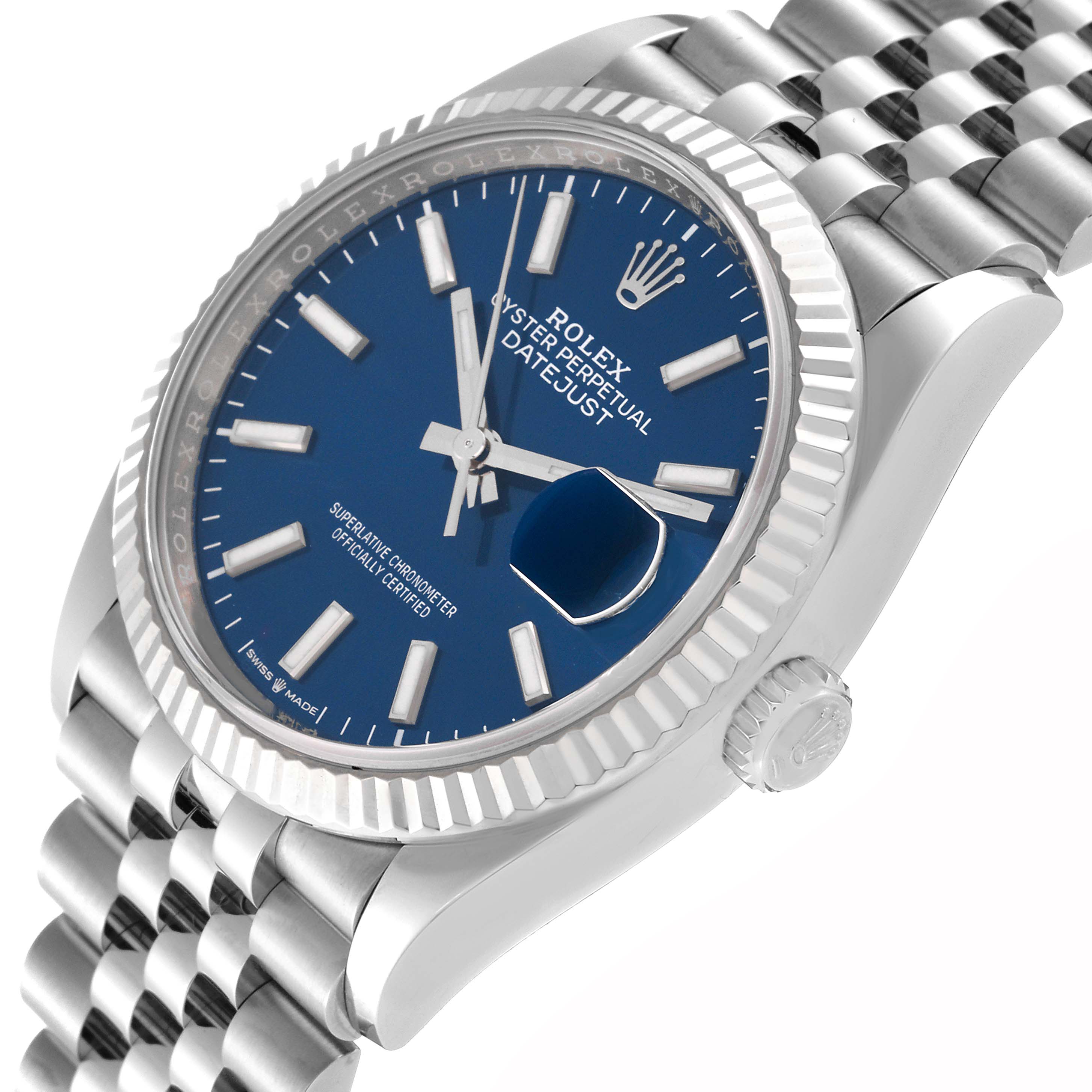 This image shows a Rolex Datejust 126234 Men's Stainless Steel Blue Dial 126234 Men's Stainless Steel Blue Dial watch at an angled side view, highlighting the blue dial, fluted bezel, and stainless steel jubilee bracelet.