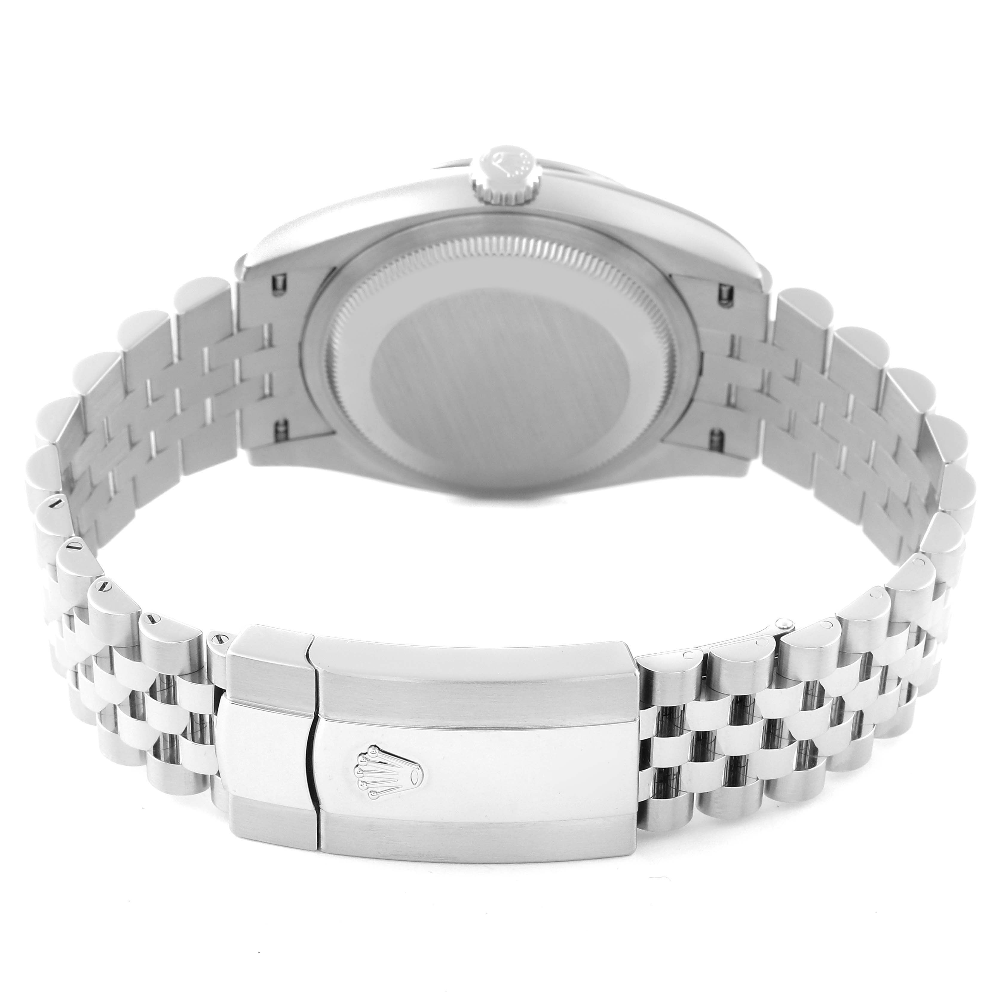 The image shows the back view of the Rolex Datejust 126234 Men's Stainless Steel Blue Dial 126234 Men's Stainless Steel Blue Dial watch, focusing on its clasp, case back, and bracelet.