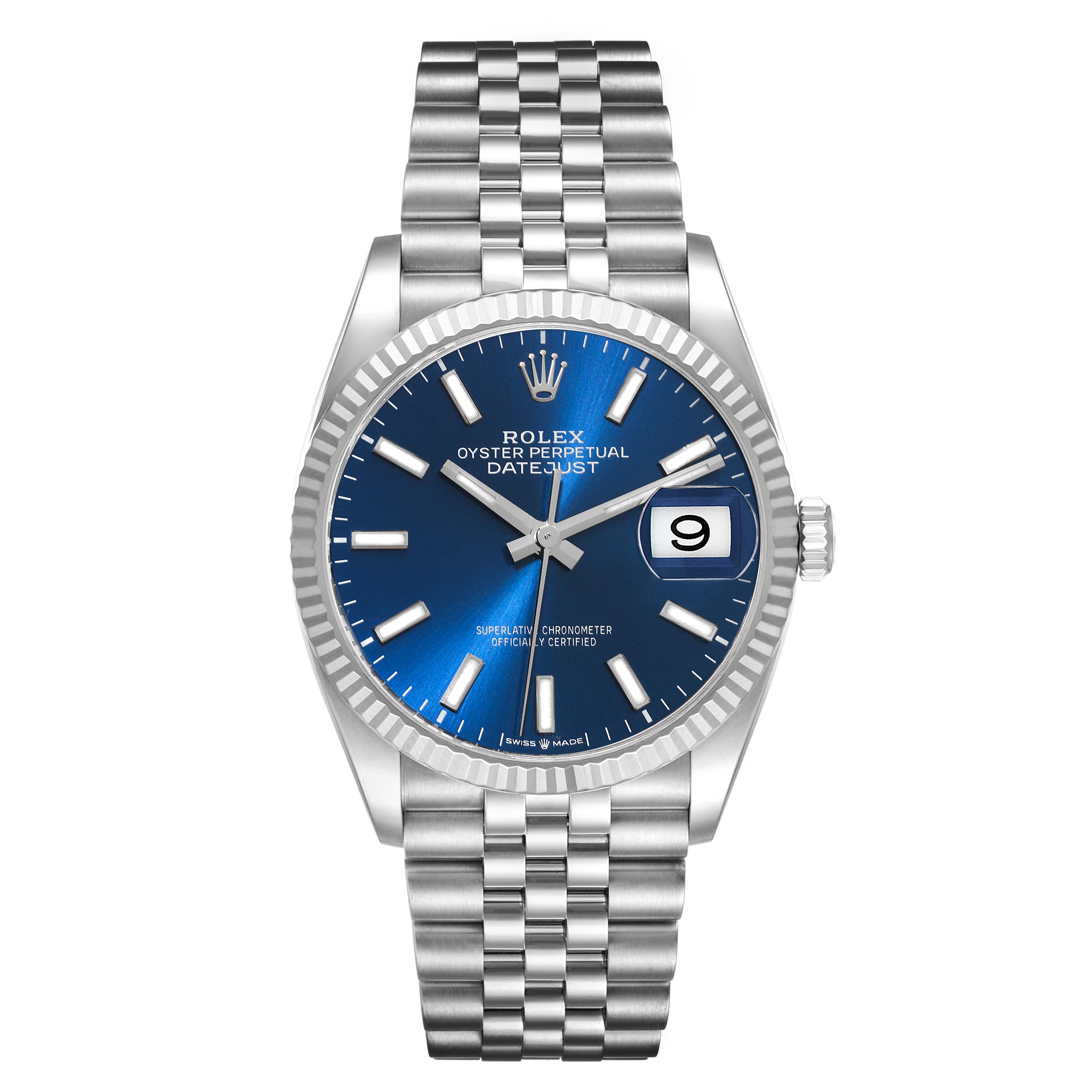 The image shows a Rolex Datejust 126234 Men's Stainless Steel Blue Dial 126234 Men's Stainless Steel Blue Dial watch with a blue dial, date display, and Jubilee bracelet from a front view angle.