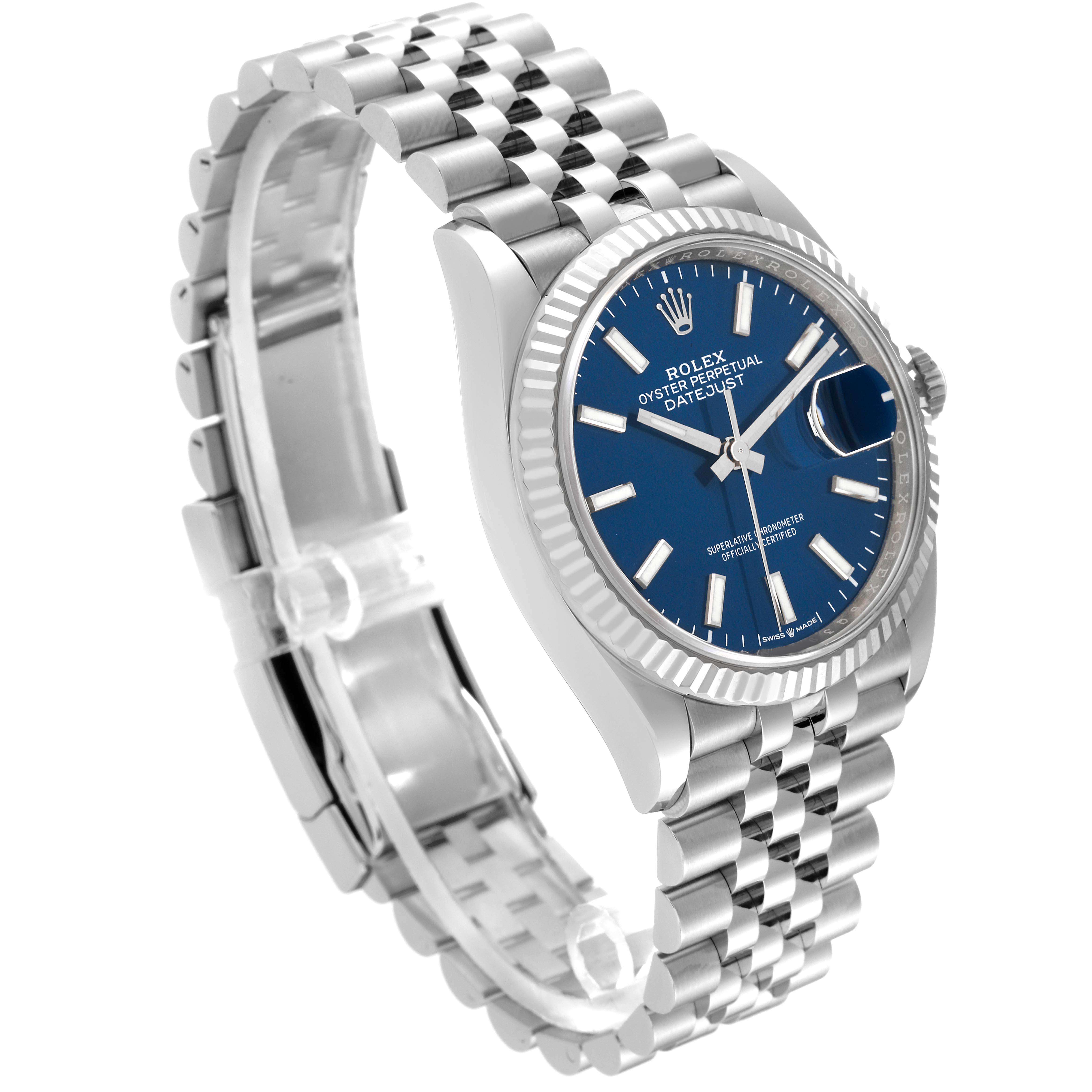 This Rolex Datejust 126234 Men's Stainless Steel Blue Dial 126234 Men's Stainless Steel Blue Dial watch is shown at a 3/4 angle, featuring its blue dial and Jubilee bracelet.