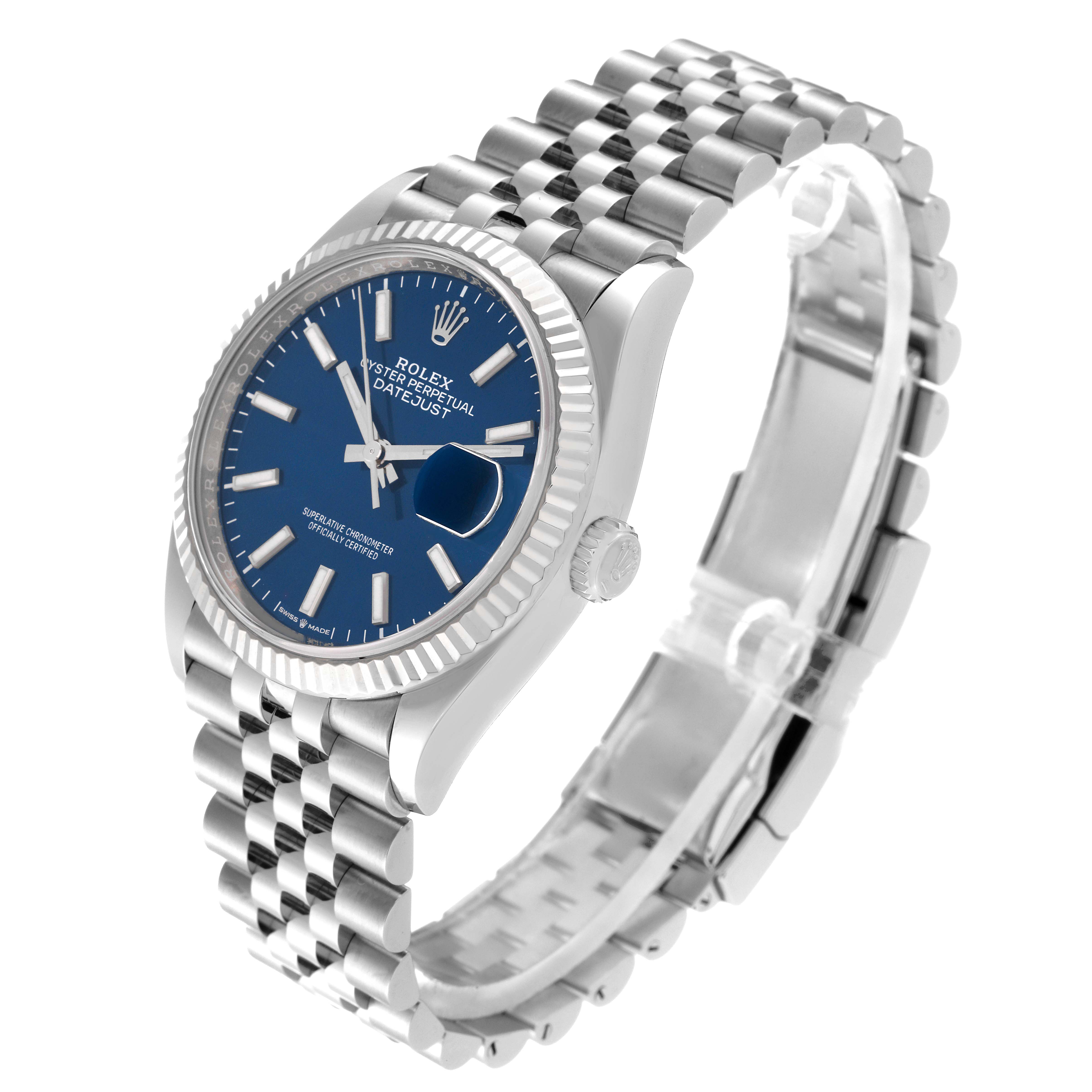 This Rolex Datejust 126234 Men's Stainless Steel Blue Dial 126234 Men's Stainless Steel Blue Dial model is shown at a three-quarter angle, displaying the blue dial, fluted bezel, and Jubilee bracelet.