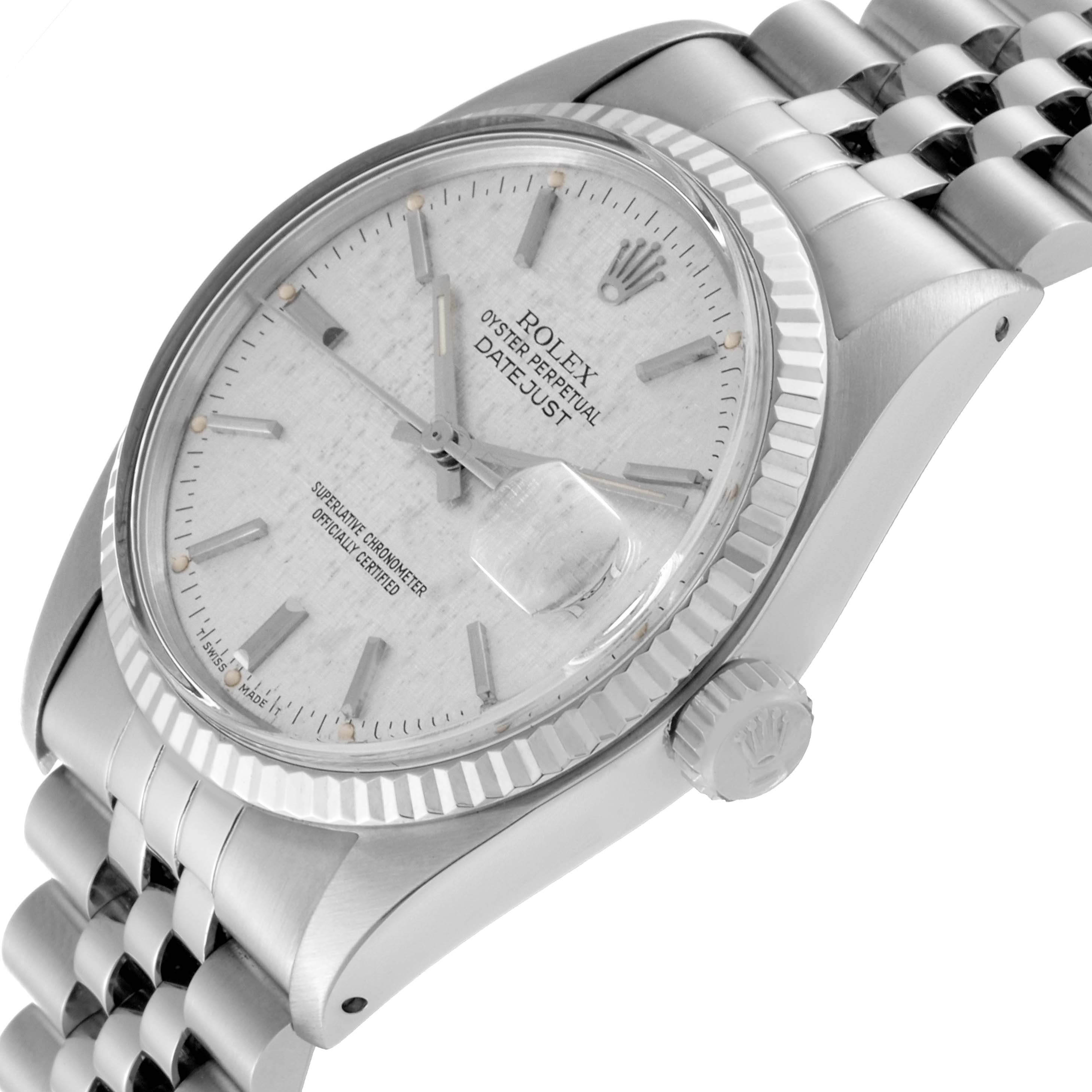 The image shows a side angle of the dial, bezel, crown, and bracelet of the Rolex Vintage Collection 16014 Men's Stainless Steel Silver Dial 16014 Men's Stainless Steel Silver Dial model watch.