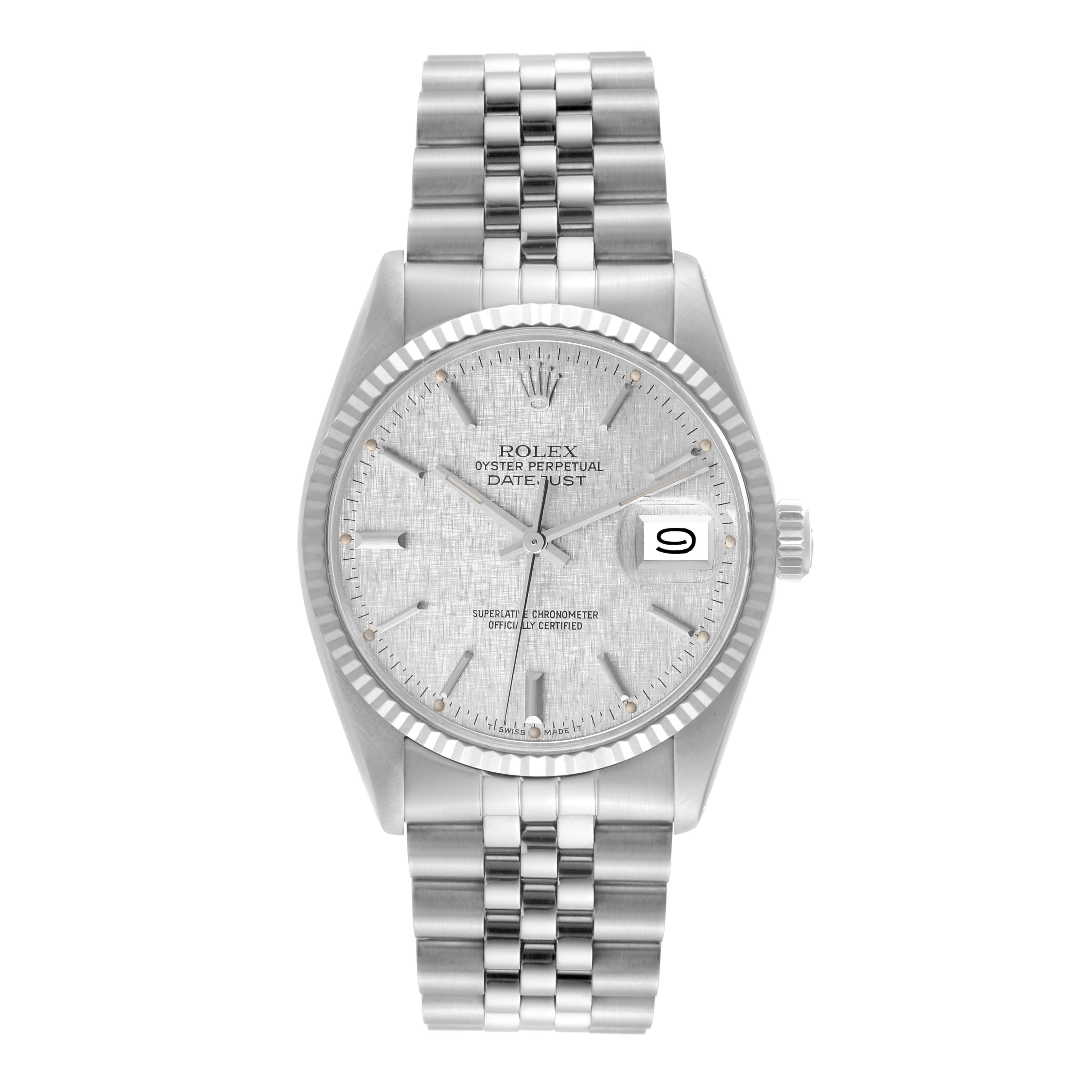 The image shows a front view of the Rolex Vintage Collection 16014 Men's Stainless Steel Silver Dial 16014 Men's Stainless Steel Silver Dial Datejust watch, displaying its face, bezel, and bracelet.