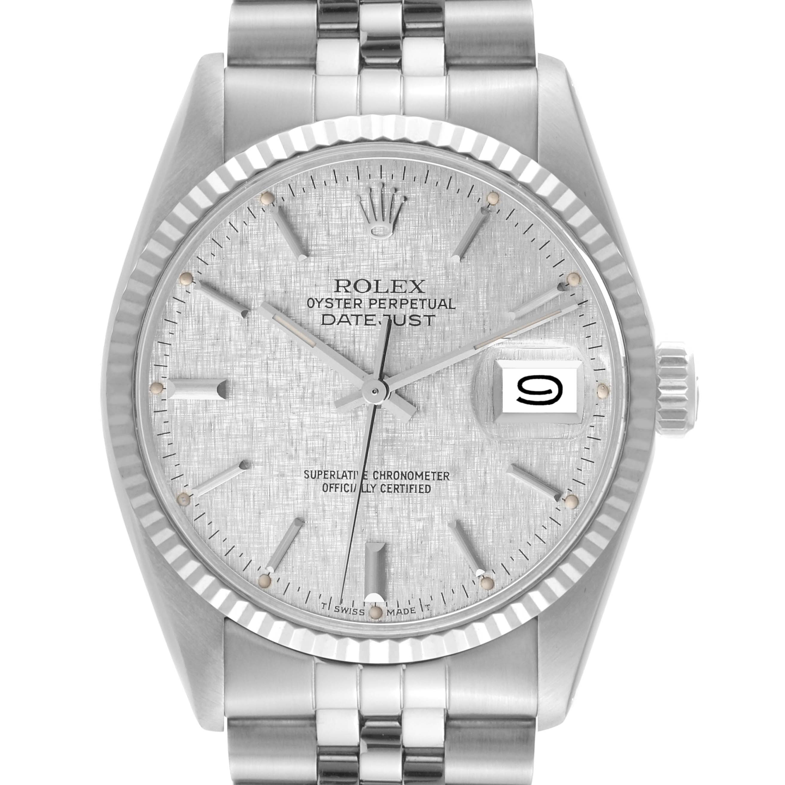This image shows a front view of the Rolex Vintage Collection 16014 Men's Stainless Steel Silver Dial 16014 Men's Stainless Steel Silver Dial Datejust watch, displaying the dial, bezel, and bracelet.