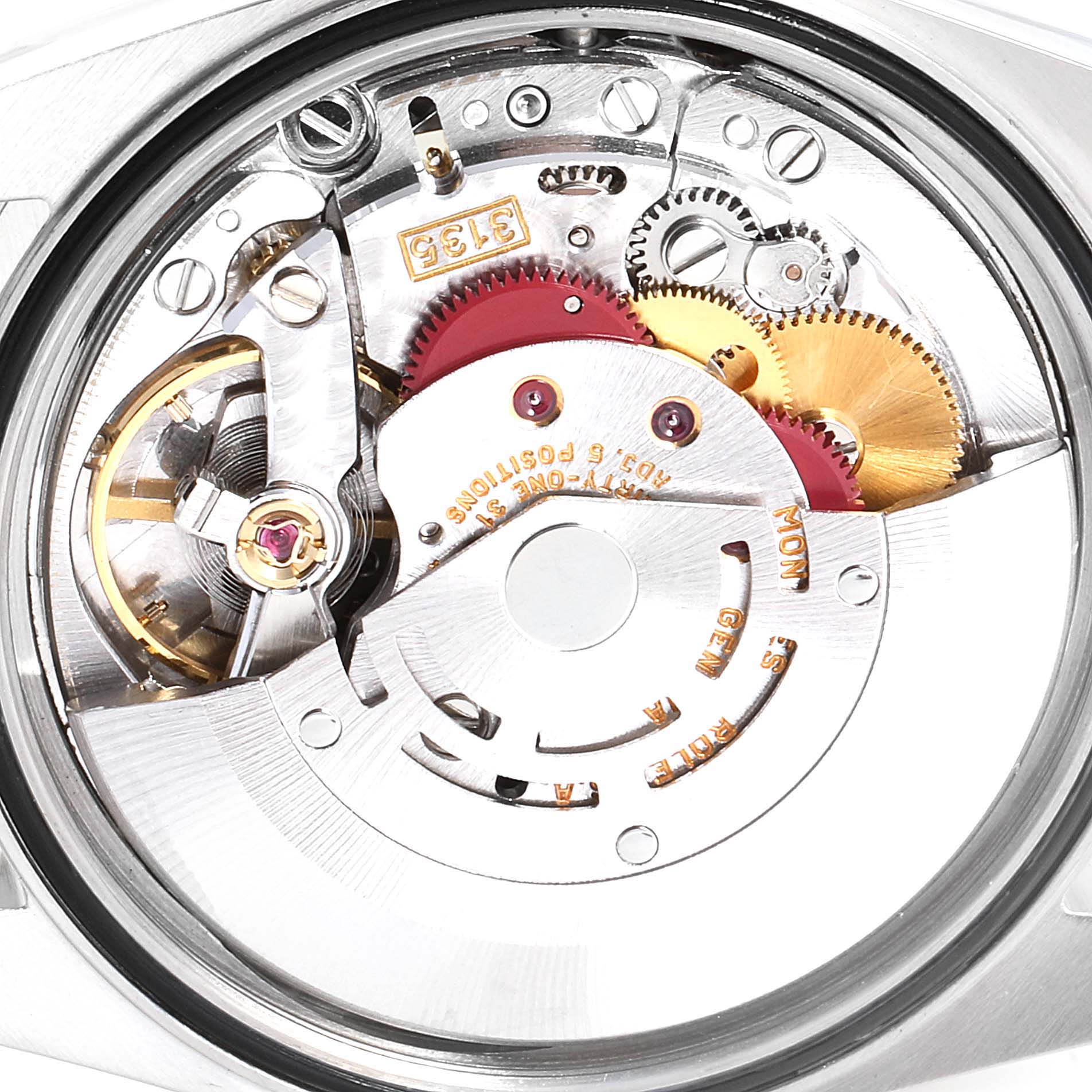 The image shows the internal mechanical movement of a Rolex Datejust 16233 Men
s Steel and Gold (two tone) Black Dial 16233 Men
s Steel and Gold (two tone) Black Dial watch from a top-down angle.