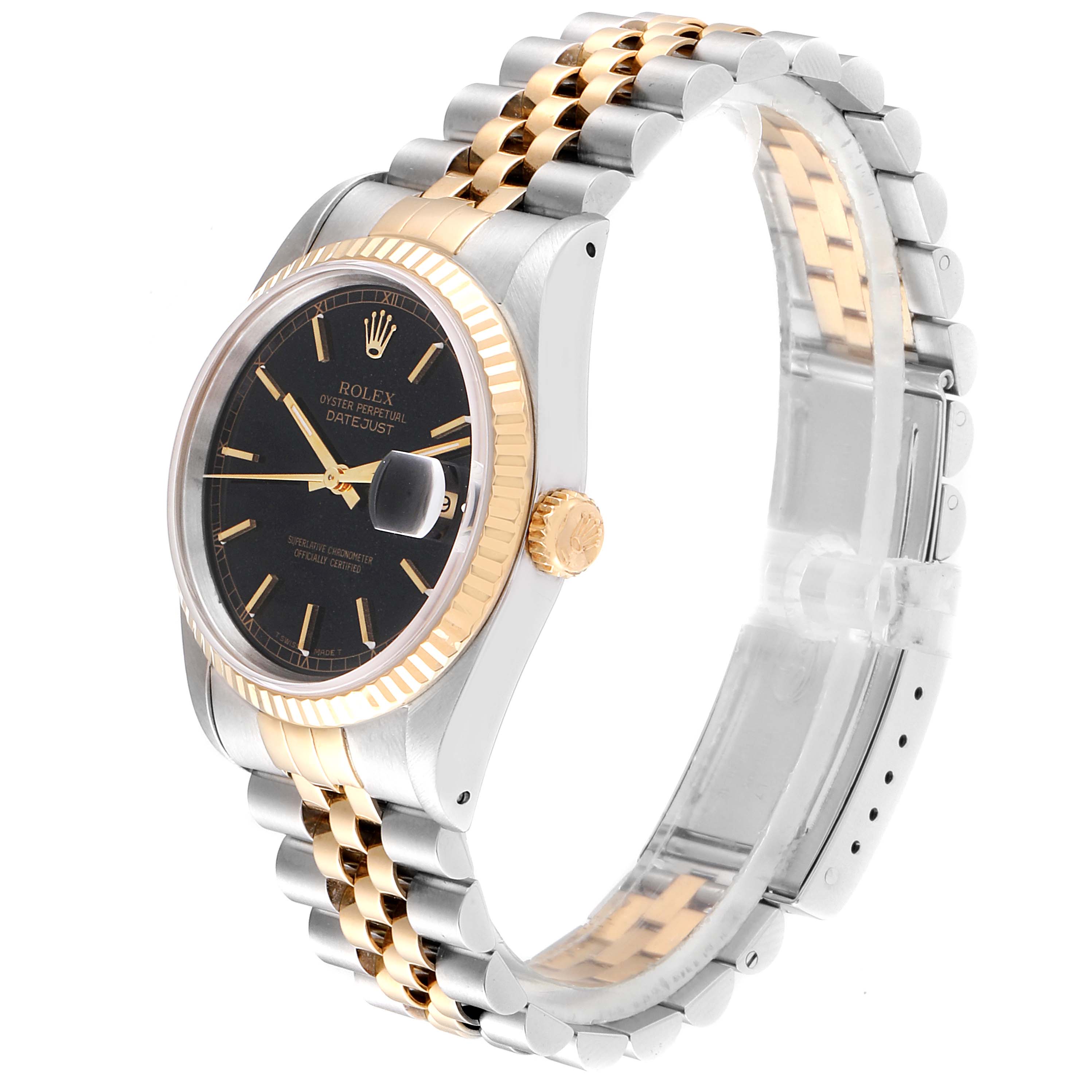 The Rolex Datejust 16233 Men
s Steel and Gold (two tone) Black Dial 16233 Men
s Steel and Gold (two tone) Black Dial watch is shown at an angle displaying the face, bezel, crown, and two-tone bracelet.