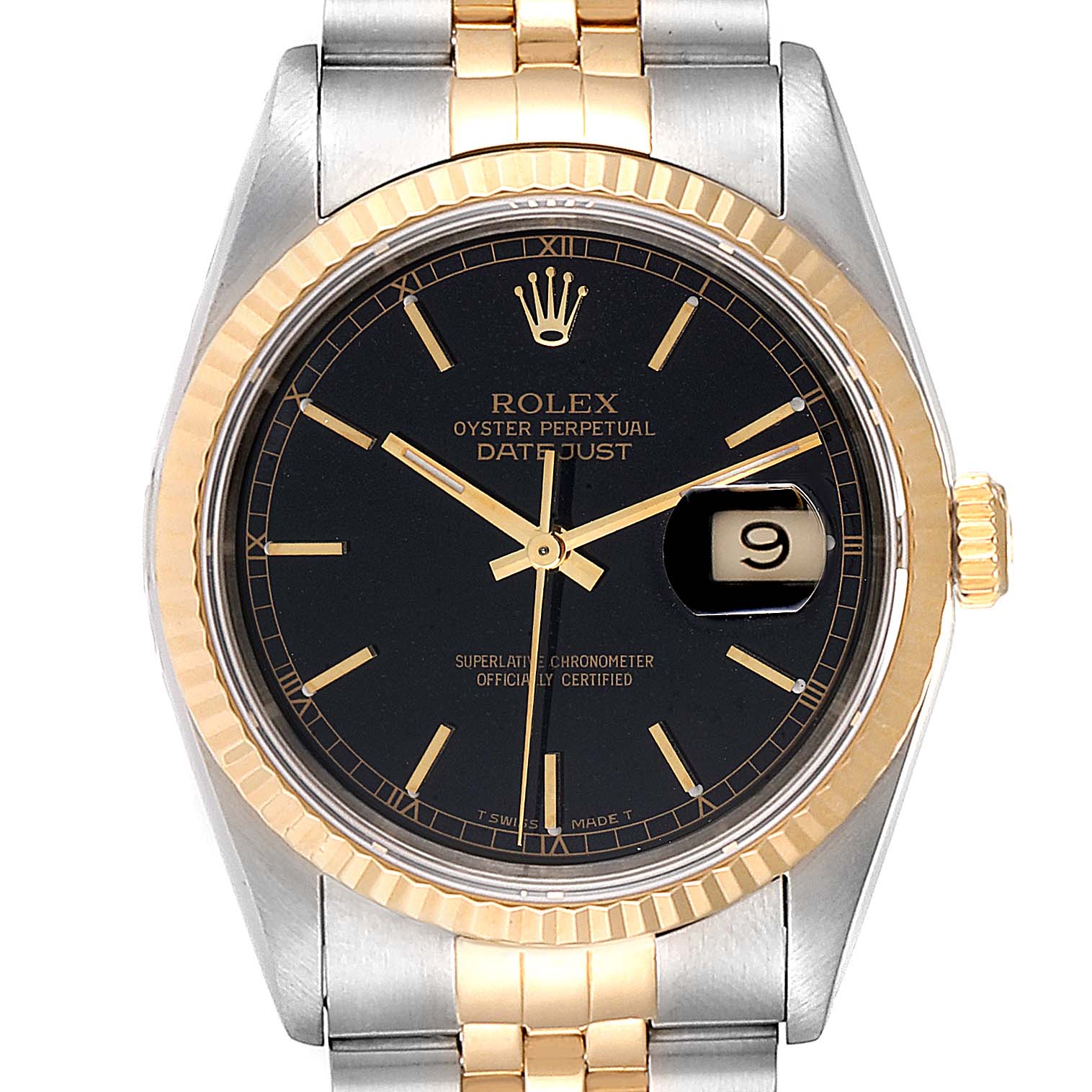 This image shows a front view of the Rolex Datejust 16233 Men
s Steel and Gold (two tone) Black Dial 16233 Men
s Steel and Gold (two tone) Black Dial watch, highlighting its black dial, gold bezel, and two-tone bracelet.