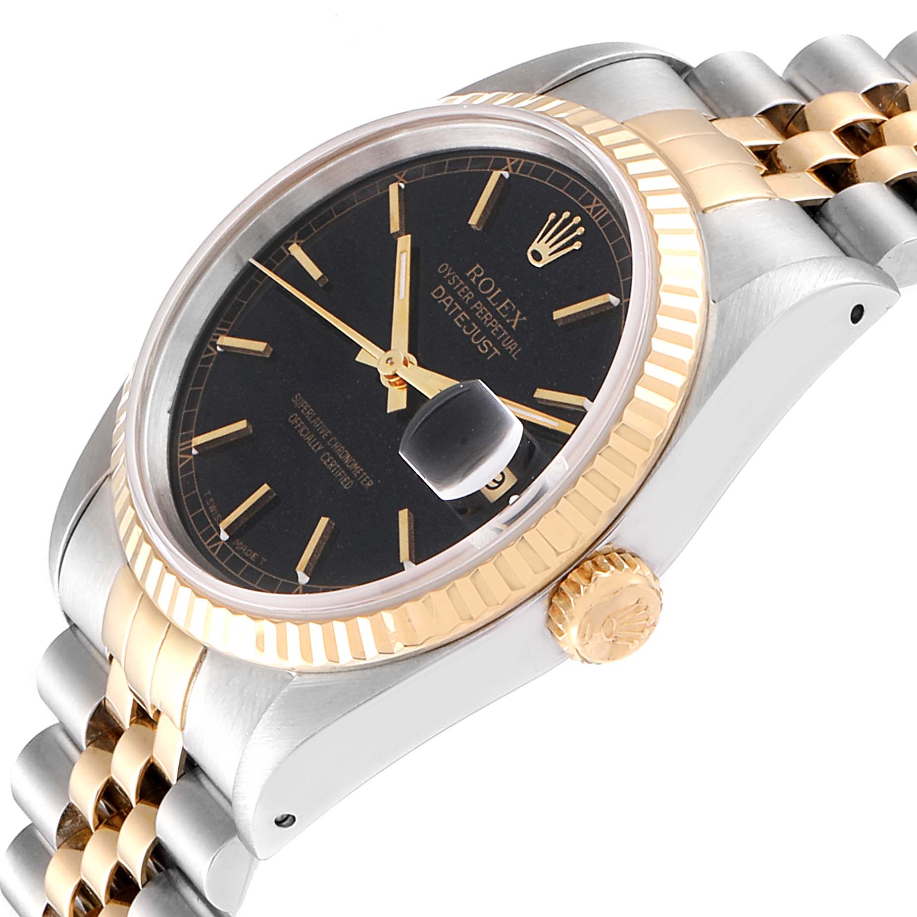 This image shows a close-up, side angle of a Rolex Datejust 16233 Men
s Steel and Gold (two tone) Black Dial 16233 Men
s Steel and Gold (two tone) Black Dial watch, highlighting its black dial, gold bezel, and two-tone bracelet.