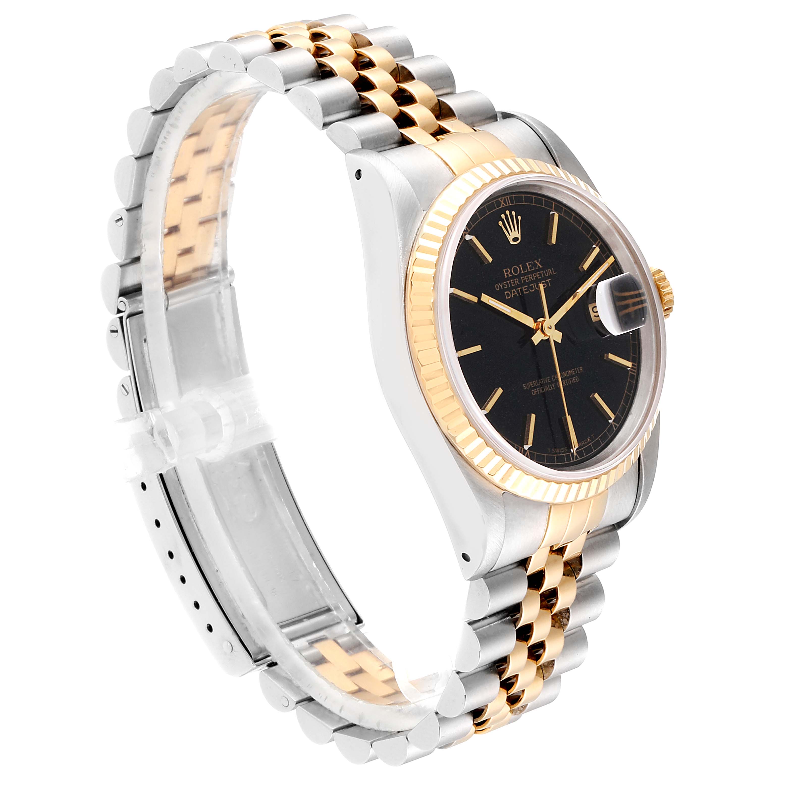 The Rolex Datejust 16233 Men
s Steel and Gold (two tone) Black Dial 16233 Men
s Steel and Gold (two tone) Black Dial watch is shown from a side angle, highlighting its two-tone bracelet and black dial.