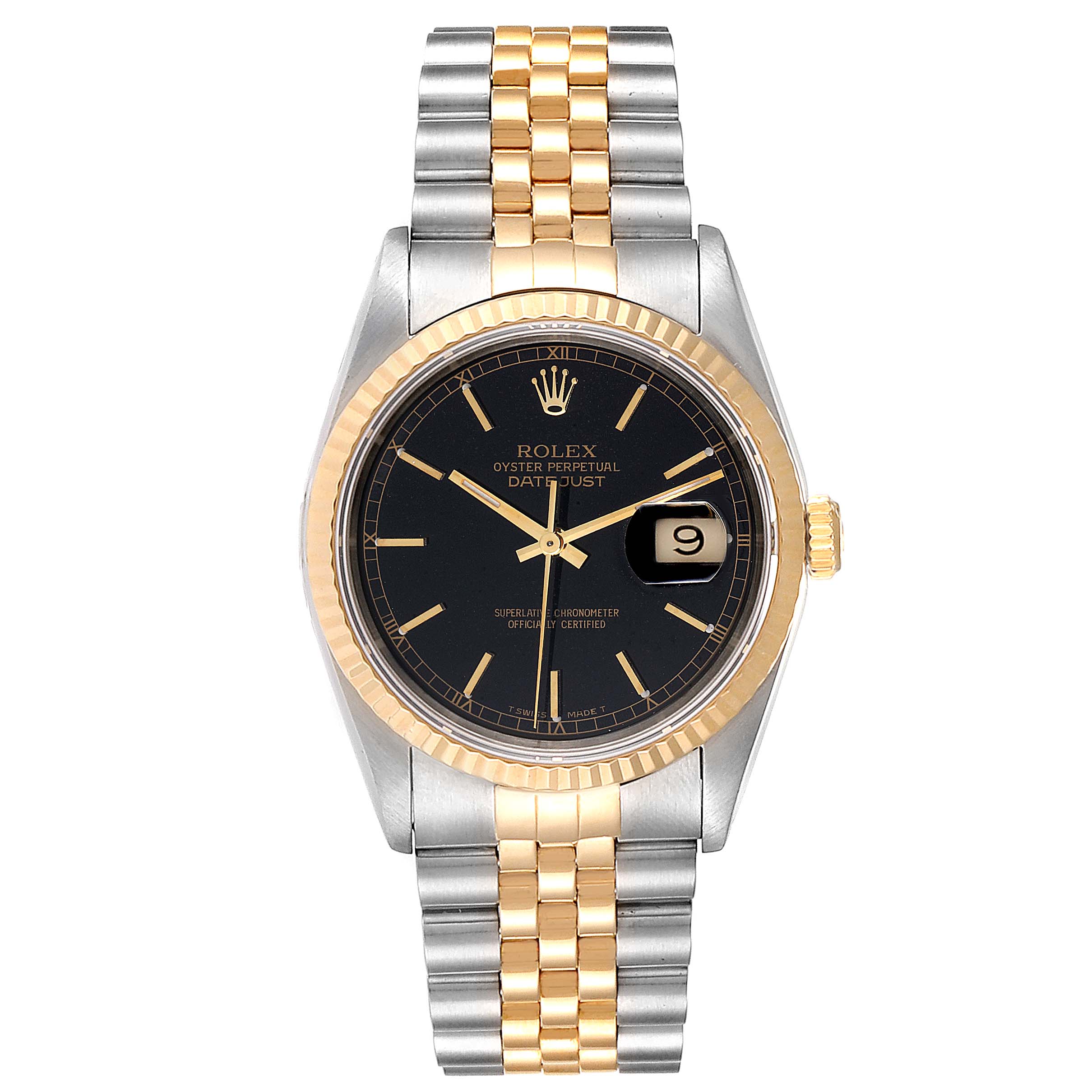 This image shows a front view of a Rolex Datejust 16233 Men
s Steel and Gold (two tone) Black Dial 16233 Men
s Steel and Gold (two tone) Black Dial watch, displaying the dial, bezel, and bracelet.