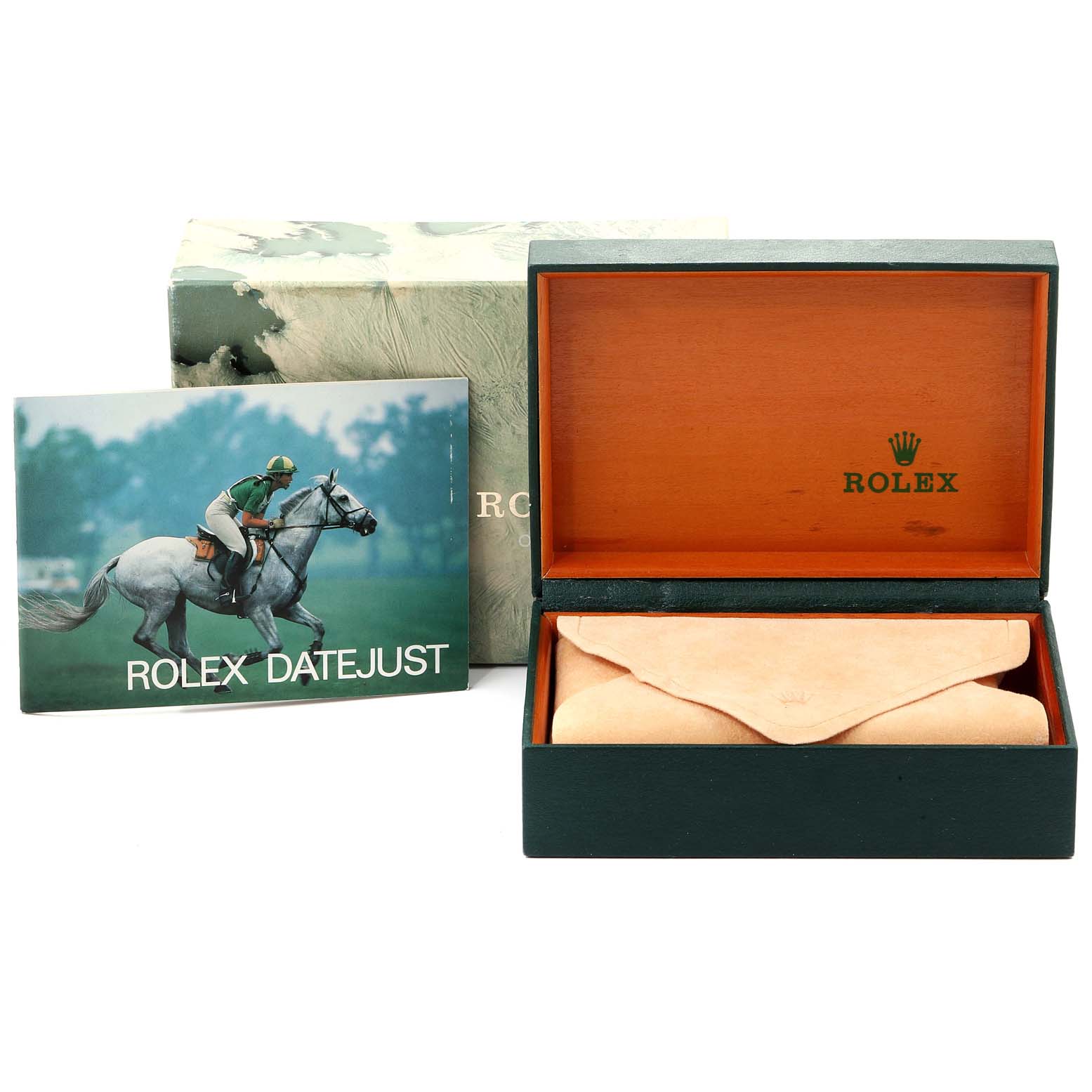 The image shows an open Rolex Datejust 16233 Men
s Steel and Gold (two tone) Black Dial 16233 Men
s Steel and Gold (two tone) Black Dial watch box and its booklet from a front angle.