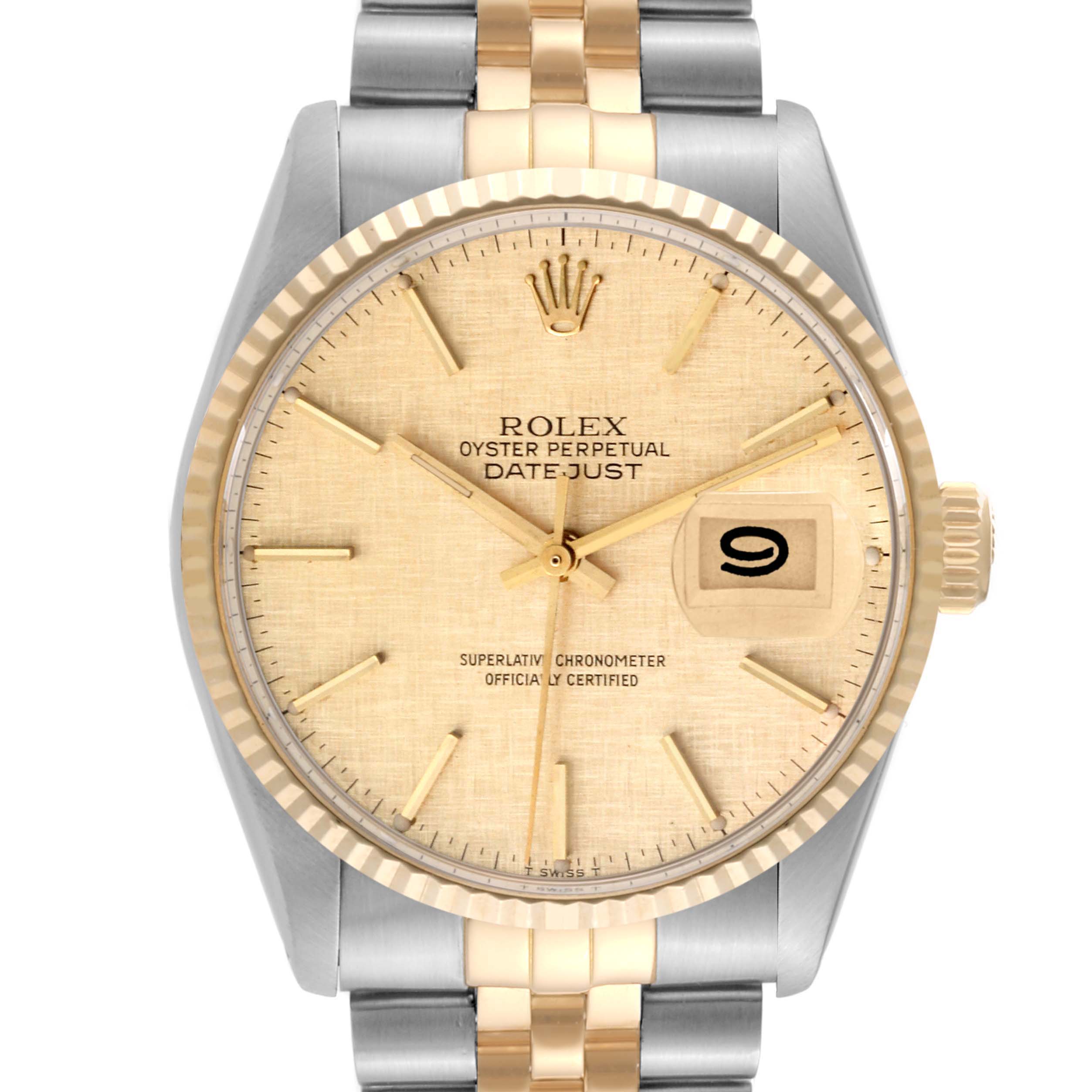 The image shows a Rolex Vintage Collection 16013 Men's Steel and Gold (two tone) Champagne Dial 16013 Men's Steel and Gold (two tone) Champagne Dial Datejust watch from a front angle, displaying the dial, hands, crown, and part of the bracelet.