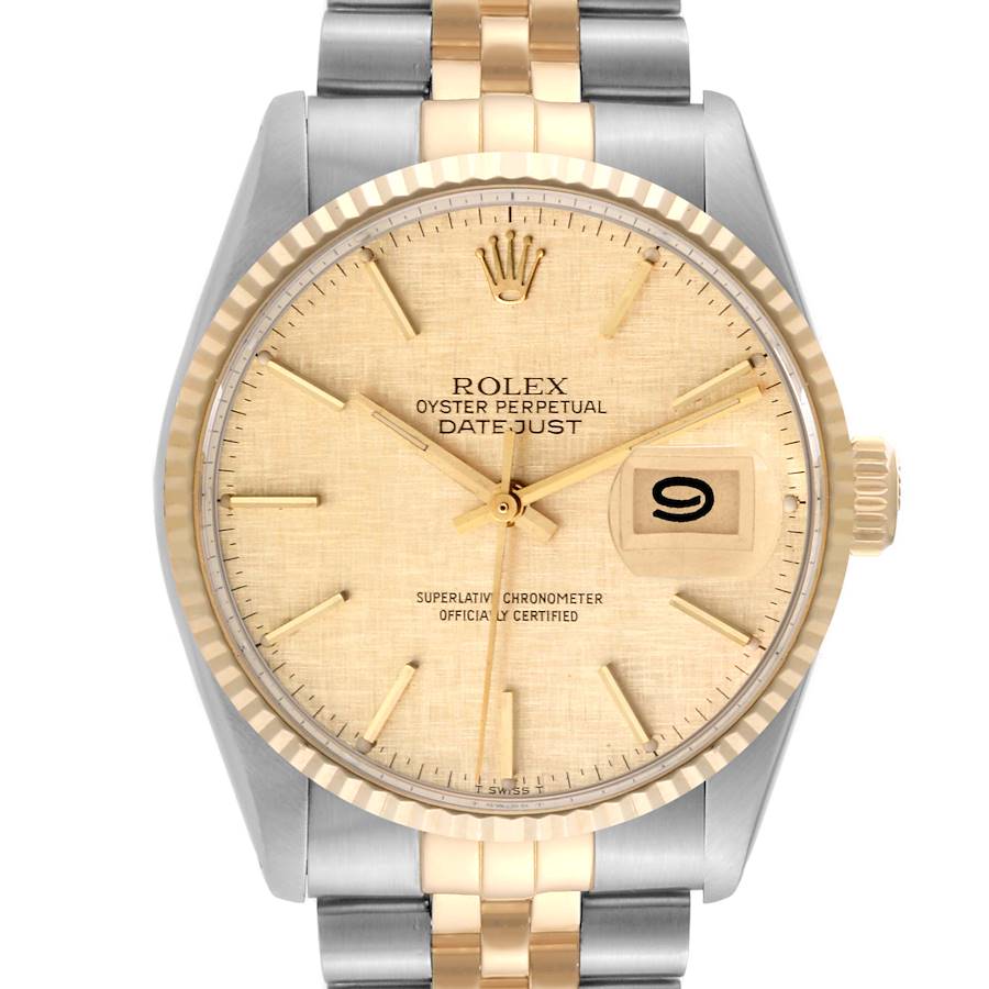 Rolex Datejust Steel Yellow Gold Champagne Linen Dial Vintage Mens Watch 16013 SwissWatchExpo