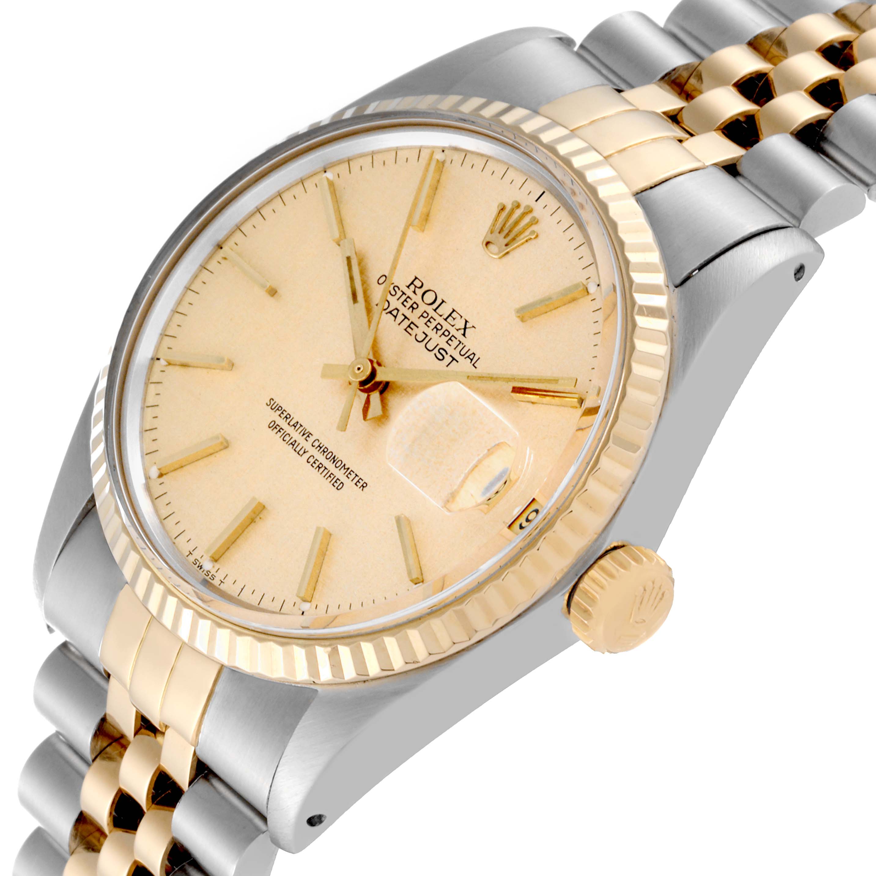 This Rolex Vintage Collection 16013 Men's Steel and Gold (two tone) Champagne Dial 16013 Men's Steel and Gold (two tone) Champagne Dial model is shown in a three-quarter view, highlighting the dial, the date magnifier, bezel, and part of the bracelet.