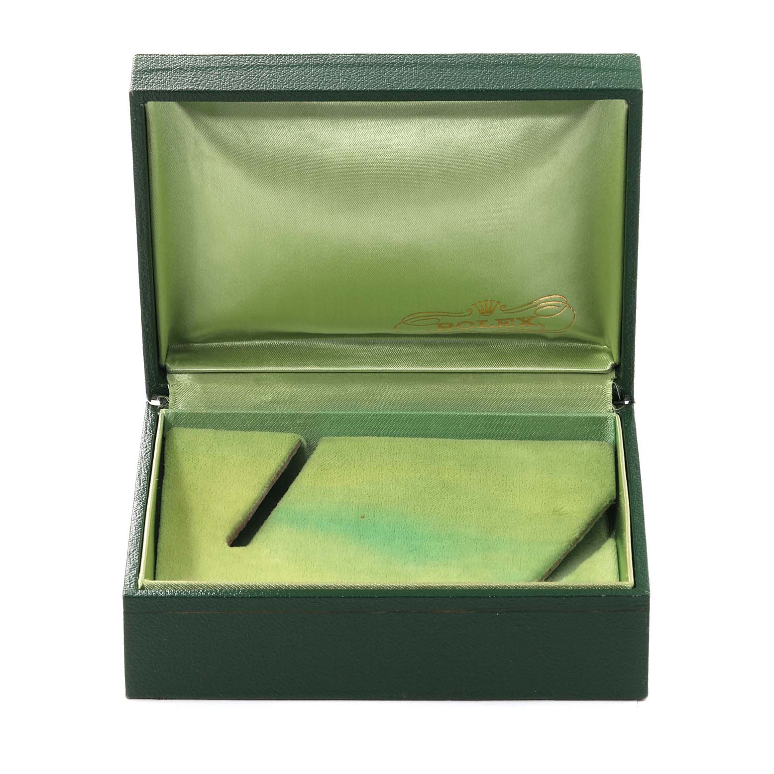 This image shows an empty green case for a Rolex Vintage Collection 16013 Men's Steel and Gold (two tone) Champagne Dial 16013 Men's Steel and Gold (two tone) Champagne Dial model, viewed from the front.