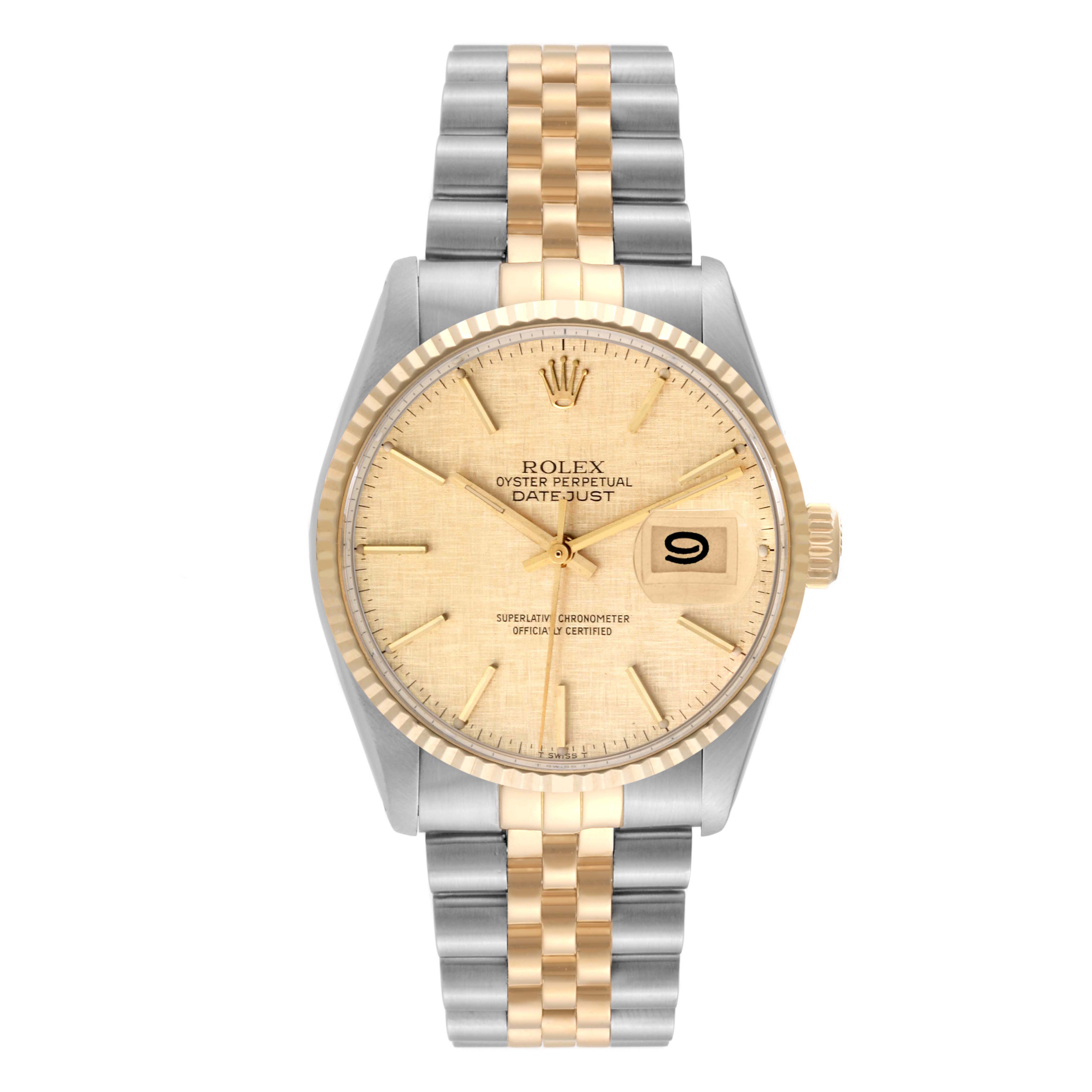 This image shows a front view of the Rolex Vintage Collection 16013 Men's Steel and Gold (two tone) Champagne Dial 16013 Men's Steel and Gold (two tone) Champagne Dial Oyster Perpetual Datejust with a two-tone bracelet and gold dial.