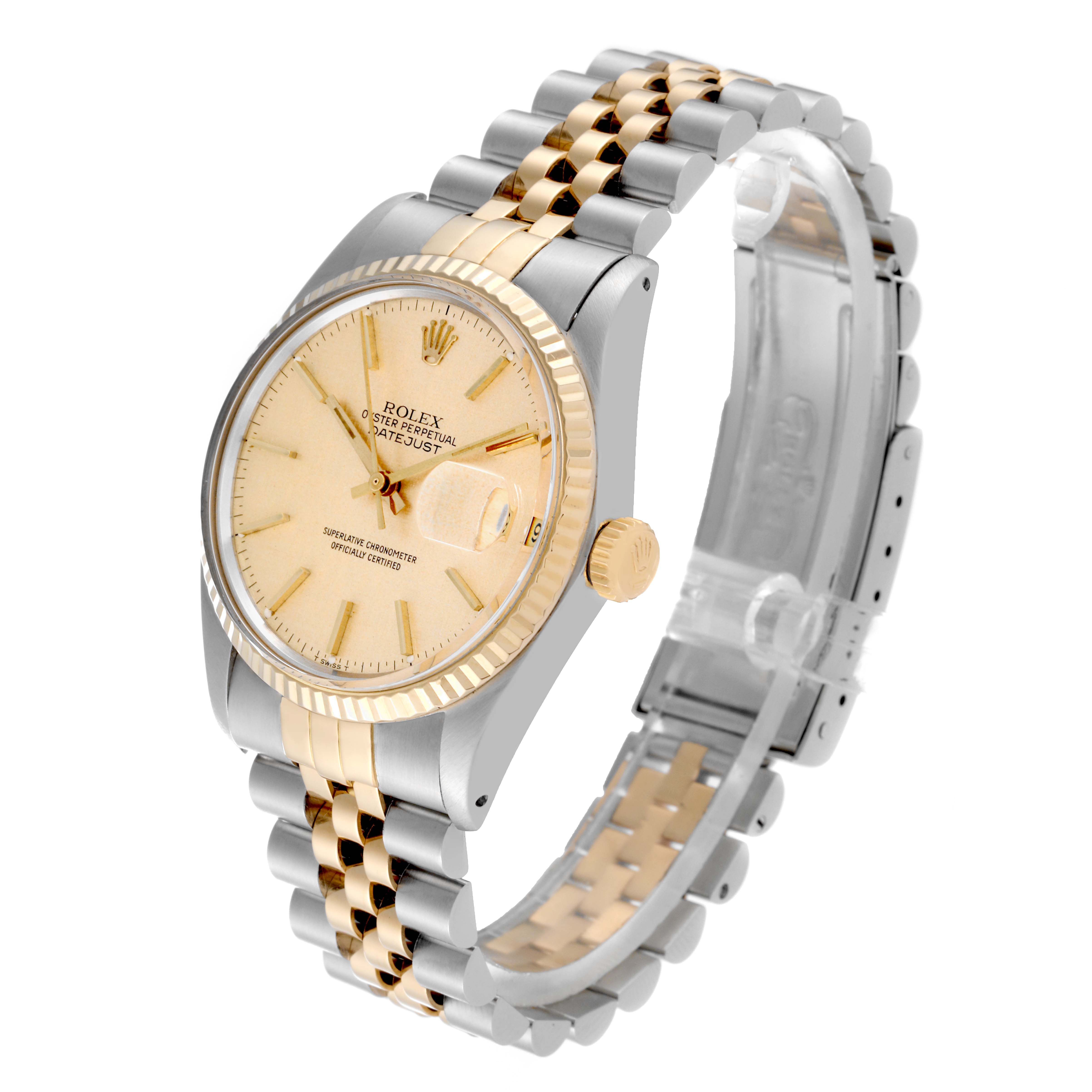 The image shows a Rolex Vintage Collection 16013 Men's Steel and Gold (two tone) Champagne Dial 16013 Men's Steel and Gold (two tone) Champagne Dial model watch from an angled side view, highlighting the dial, bezel, crown, and bracelet.