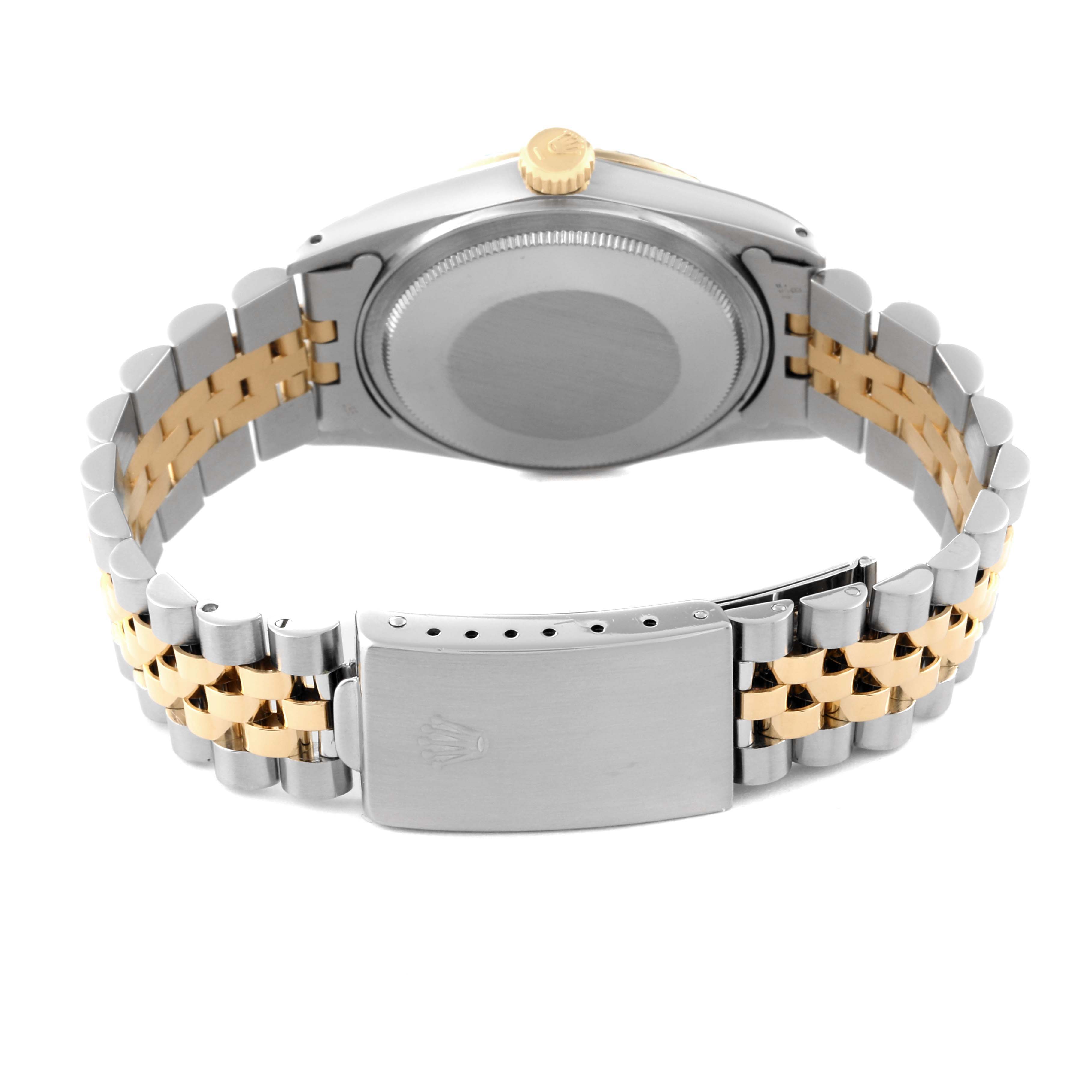 The image shows the back view of a Rolex Vintage Collection 16013 Men's Steel and Gold (two tone) Champagne Dial 16013 Men's Steel and Gold (two tone) Champagne Dial watch, highlighting its case, crown, and two-tone bracelet with clasp.