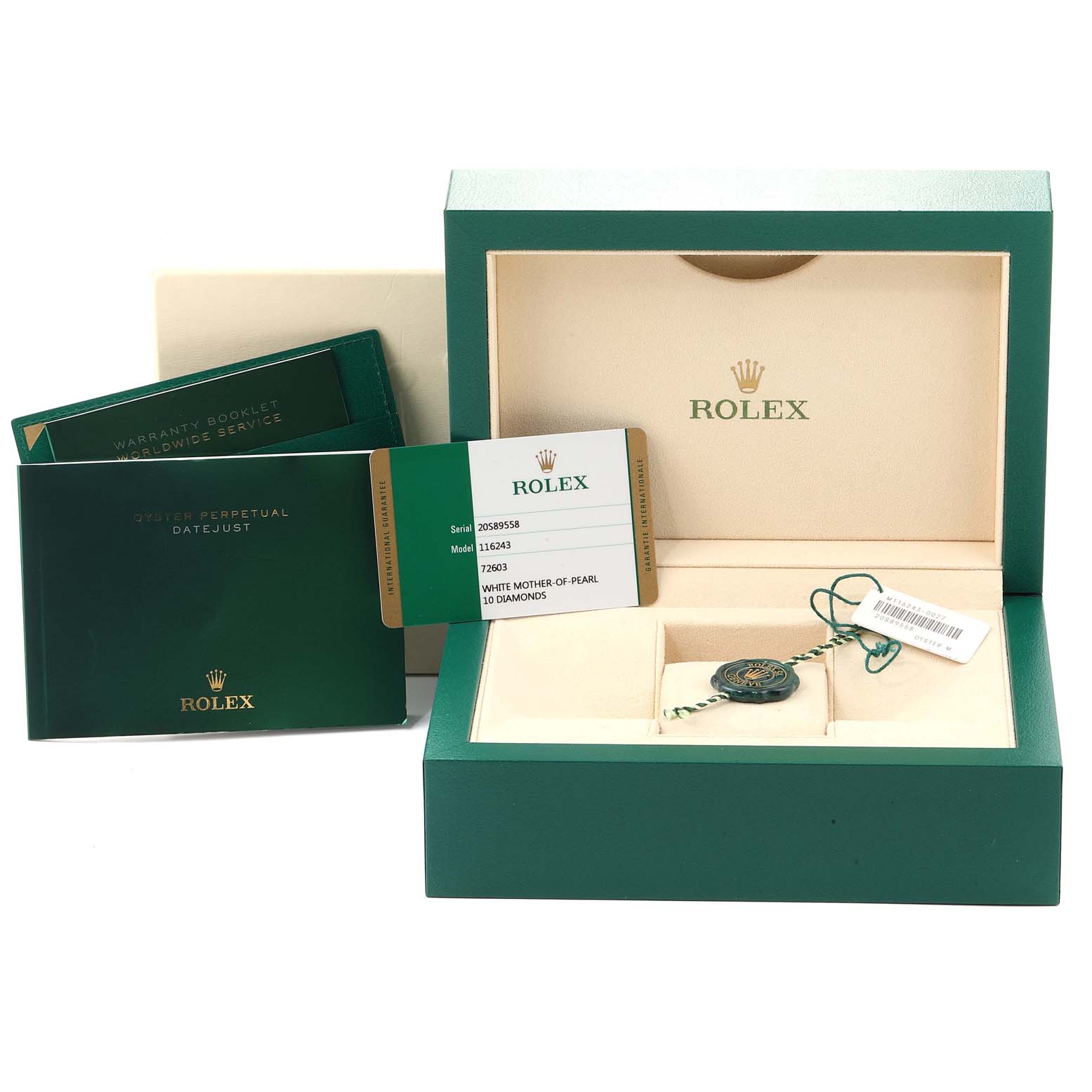 This image shows the packaging, warranty booklets, and tags for a Rolex Datejust 116243 Men
s Steel and Gold (two tone) Mother of Pearl Dial 116243 Men
s Steel and Gold (two tone) Mother of Pearl Dial model.
