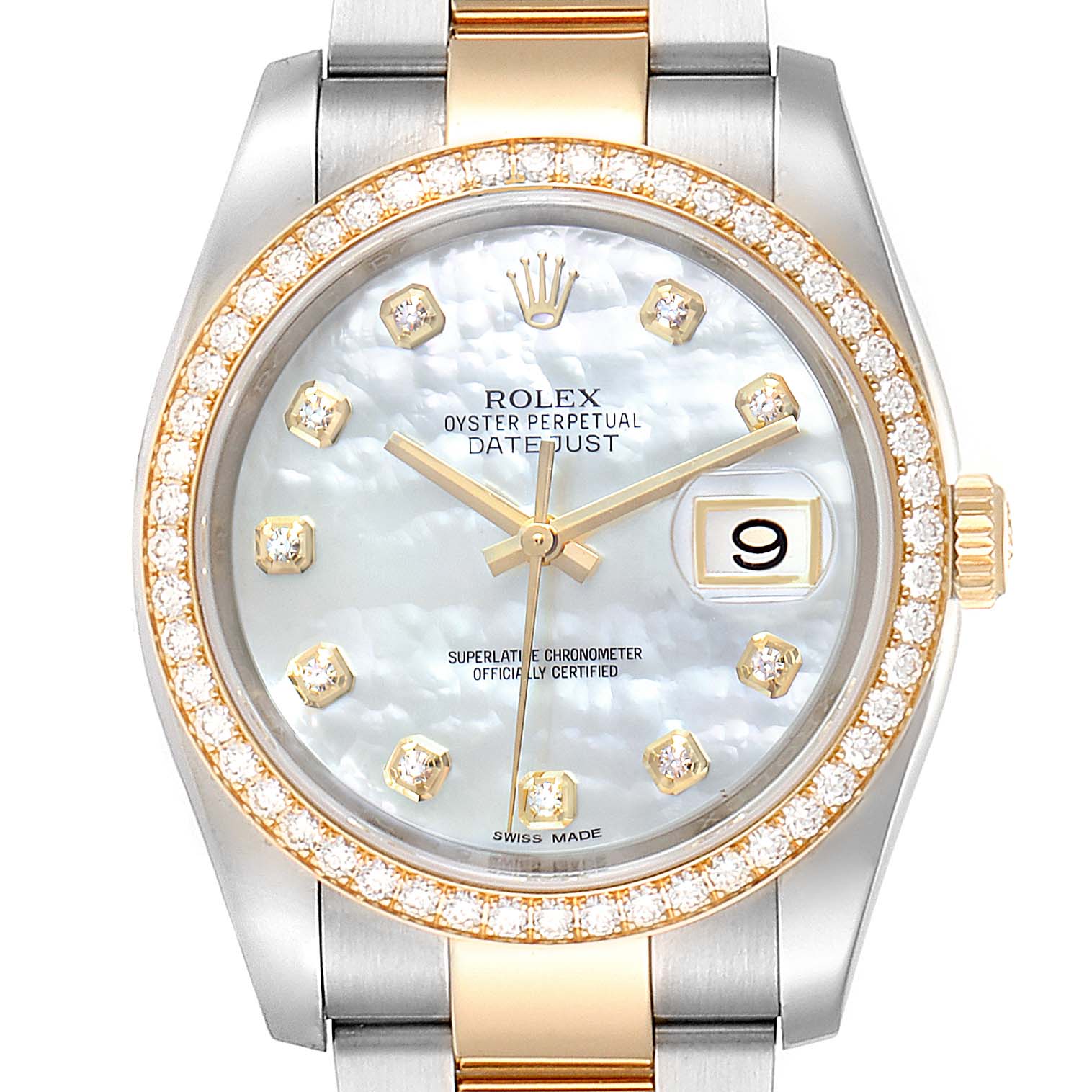 The Rolex Datejust 116243 Men
s Steel and Gold (two tone) Mother of Pearl Dial 116243 Men
s Steel and Gold (two tone) Mother of Pearl Dial watch is shown at a frontal angle, highlighting the face, bezel, and part of the bracelet.
