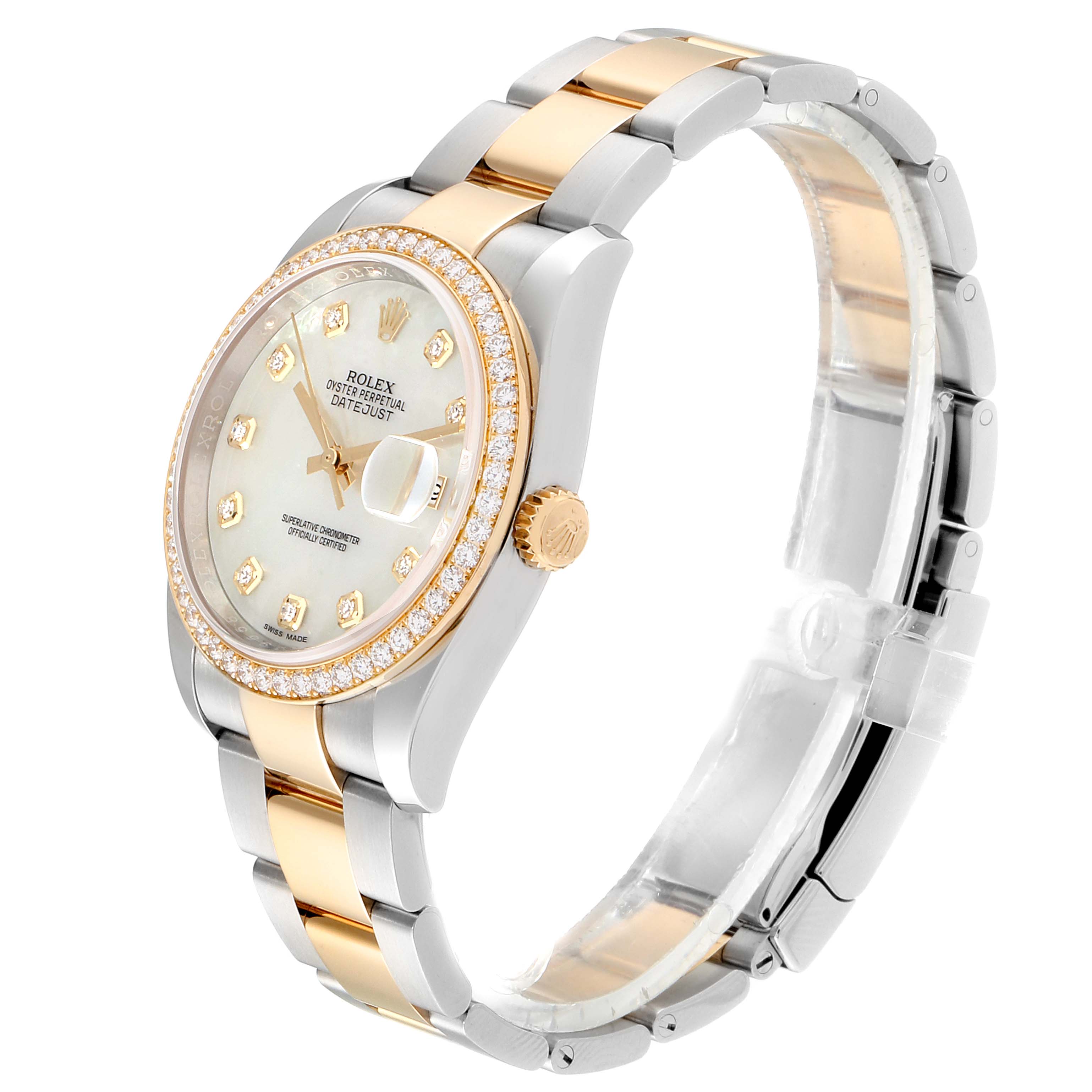 The image shows a side view of the Rolex Datejust 116243 Men
s Steel and Gold (two tone) Mother of Pearl Dial 116243 Men
s Steel and Gold (two tone) Mother of Pearl Dial watch featuring a two-tone band and diamond bezel.