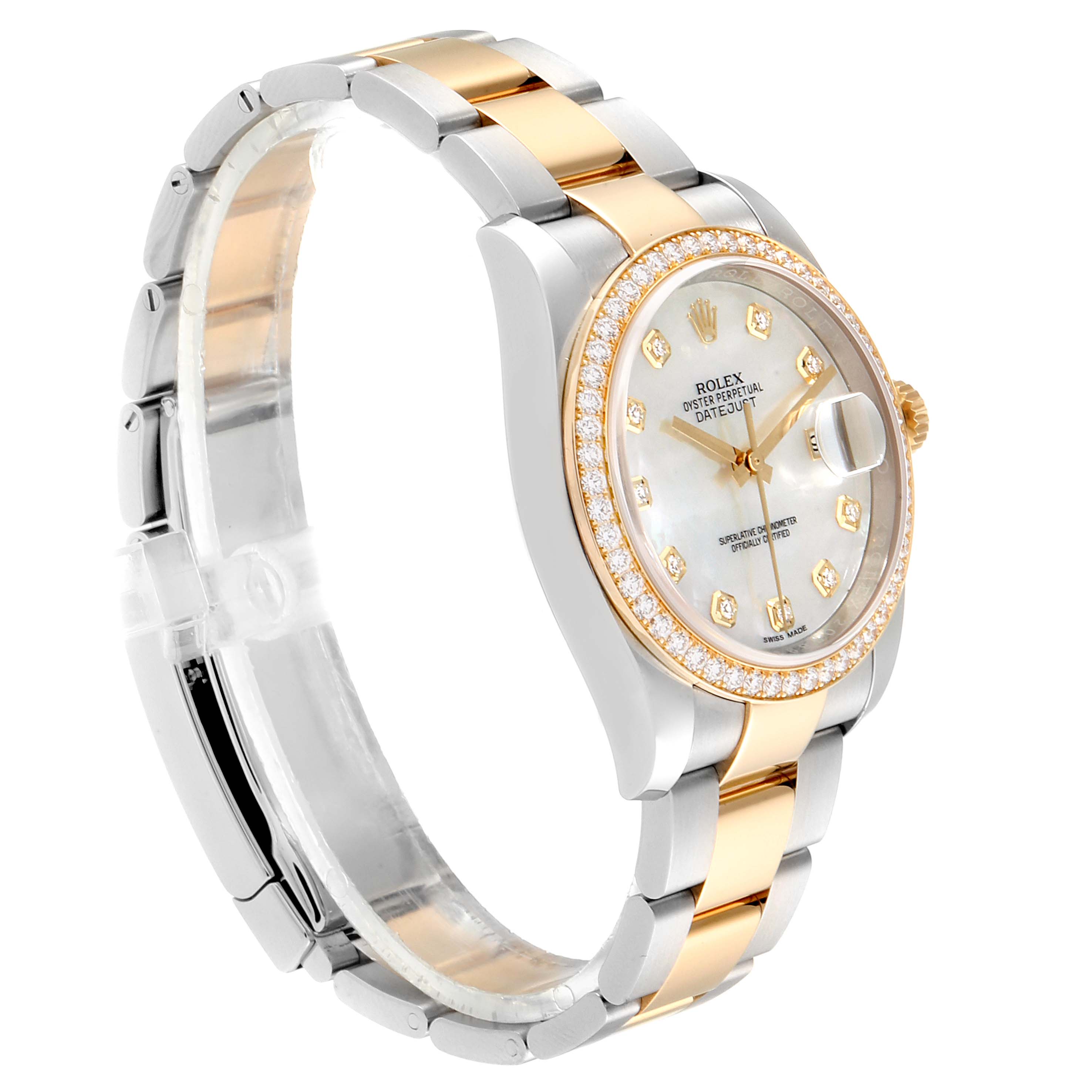 The image shows a side-angle view of a Rolex Datejust 116243 Men
s Steel and Gold (two tone) Mother of Pearl Dial 116243 Men
s Steel and Gold (two tone) Mother of Pearl Dial watch, highlighting the bezel, dial, case, and bracelet.