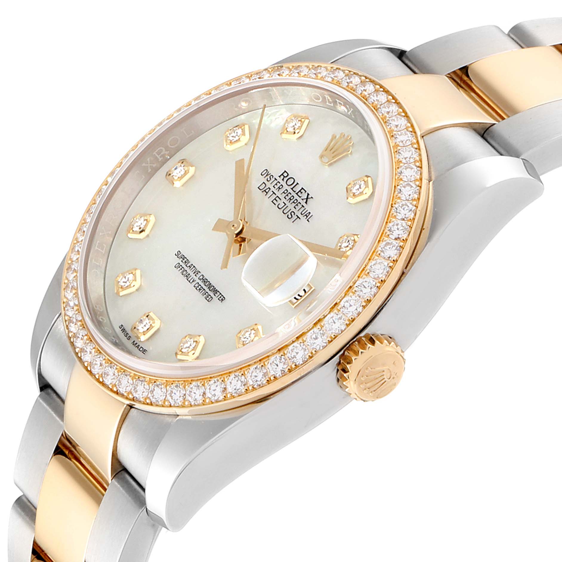 The image shows a side angle of a Rolex Datejust 116243 Men
s Steel and Gold (two tone) Mother of Pearl Dial 116243 Men
s Steel and Gold (two tone) Mother of Pearl Dial watch, highlighting the dial, bezel, crown, and part of the bracelet.