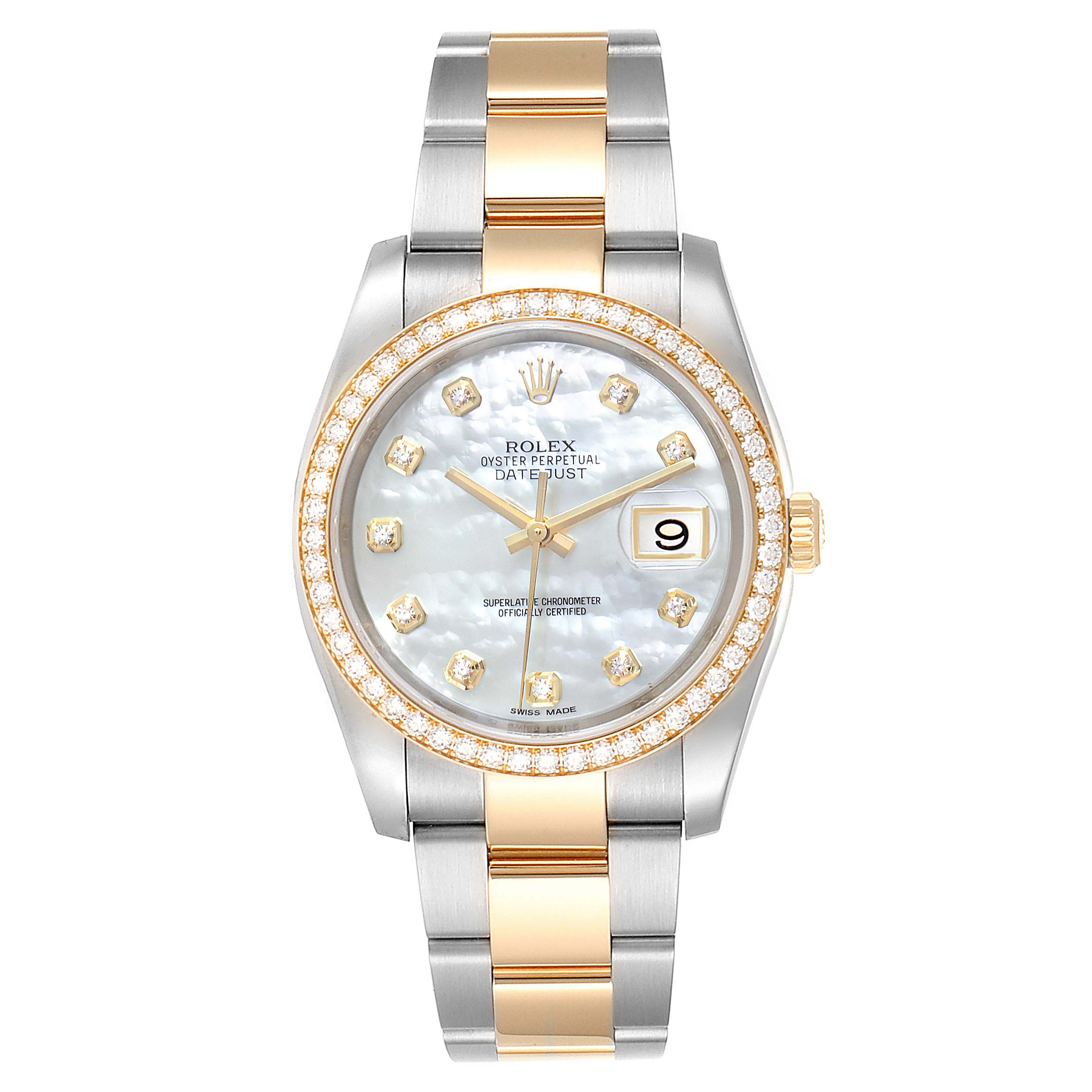 The image shows a Rolex Datejust 116243 Men
s Steel and Gold (two tone) Mother of Pearl Dial 116243 Men
s Steel and Gold (two tone) Mother of Pearl Dial watch from a front angle, displaying the watch face, bezel, and bracelet.