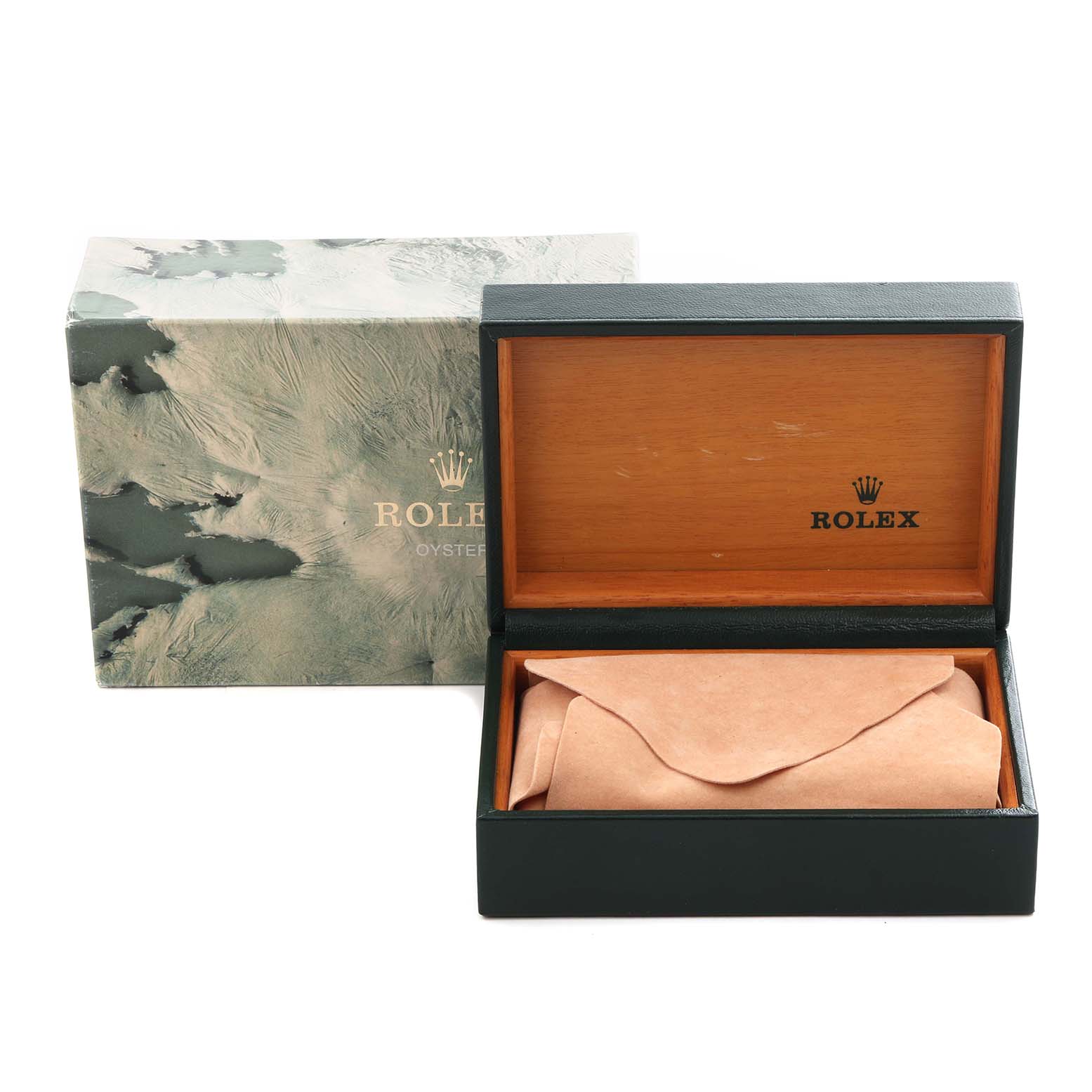 The image shows a Rolex Datejust 16013 Men's Steel and Gold (two tone) Champagne Dial 16013 Men's Steel and Gold (two tone) Champagne Dial watch box, partially open, with a leather pouch inside.