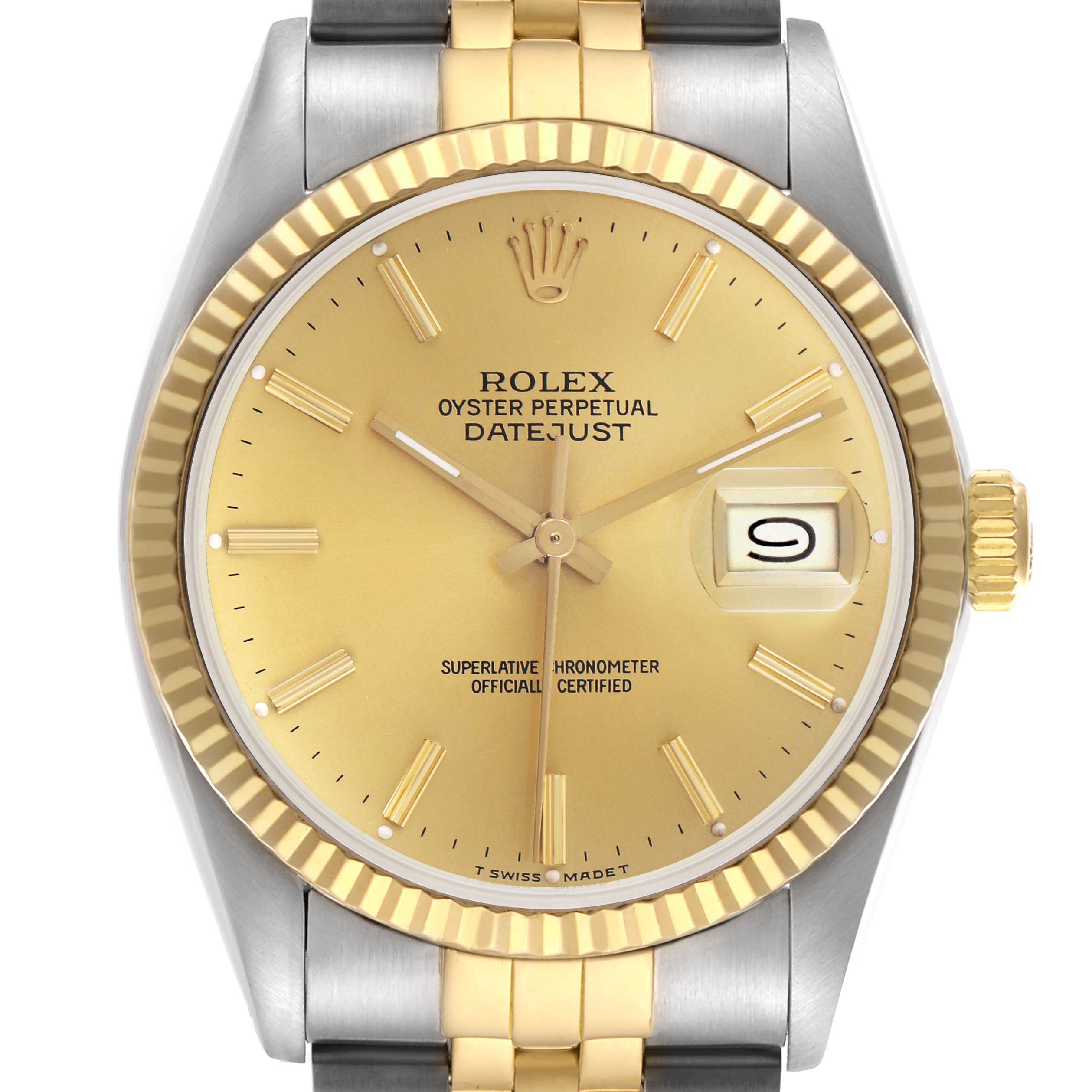 The Rolex Datejust 16013 Men's Steel and Gold (two tone) Champagne Dial 16013 Men's Steel and Gold (two tone) Champagne Dial watch is shown from the front, displaying the watch face, bezel, and part of the bracelet.