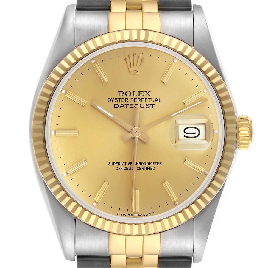 The Rolex Datejust watch is shown from the front, displaying the watch face, bezel, and part of the bracelet.