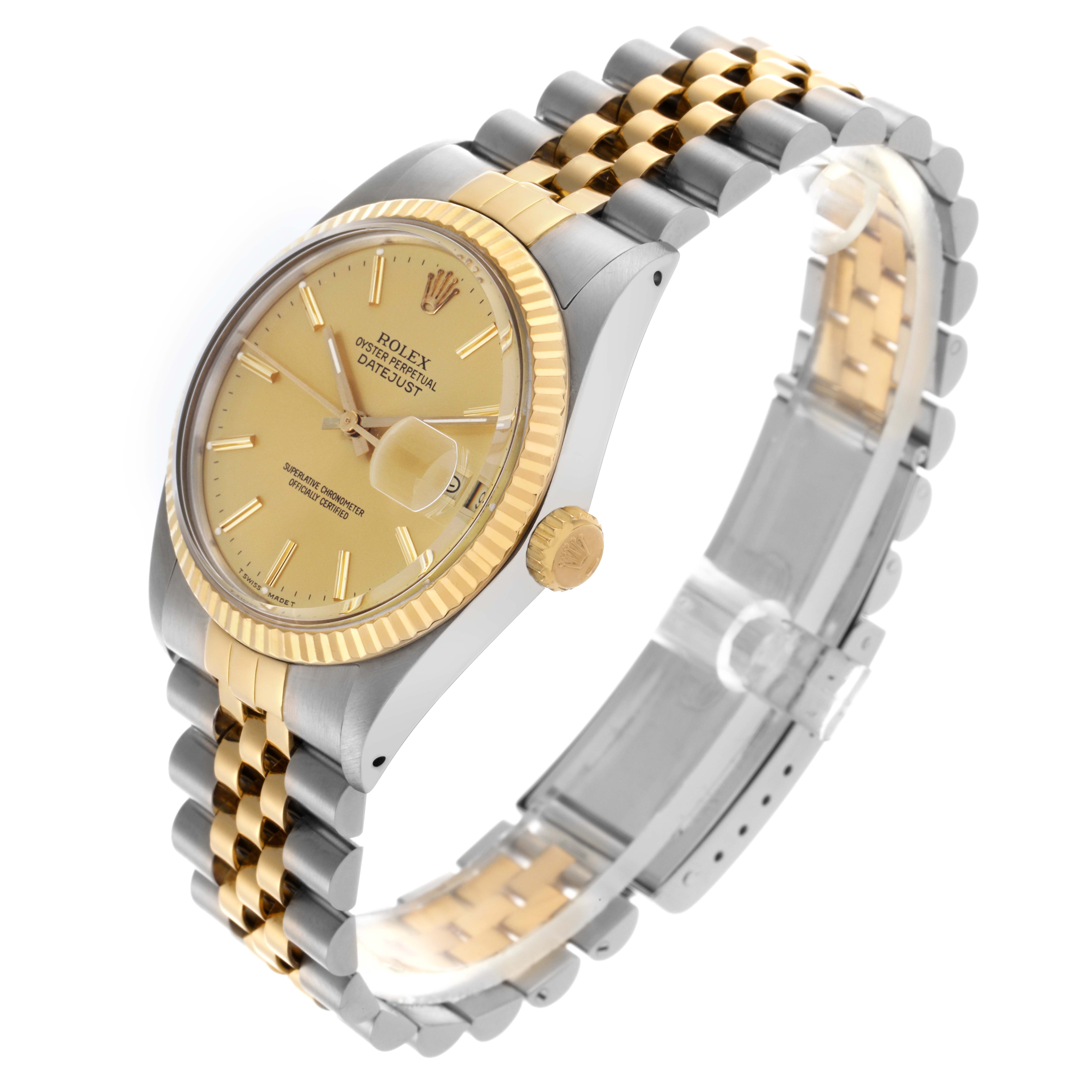 The Rolex Datejust 16013 Men's Steel and Gold (two tone) Champagne Dial 16013 Men's Steel and Gold (two tone) Champagne Dial watch is shown at a three-quarter angle, highlighting its gold dial, bezel, crown, and the two-tone bracelet.