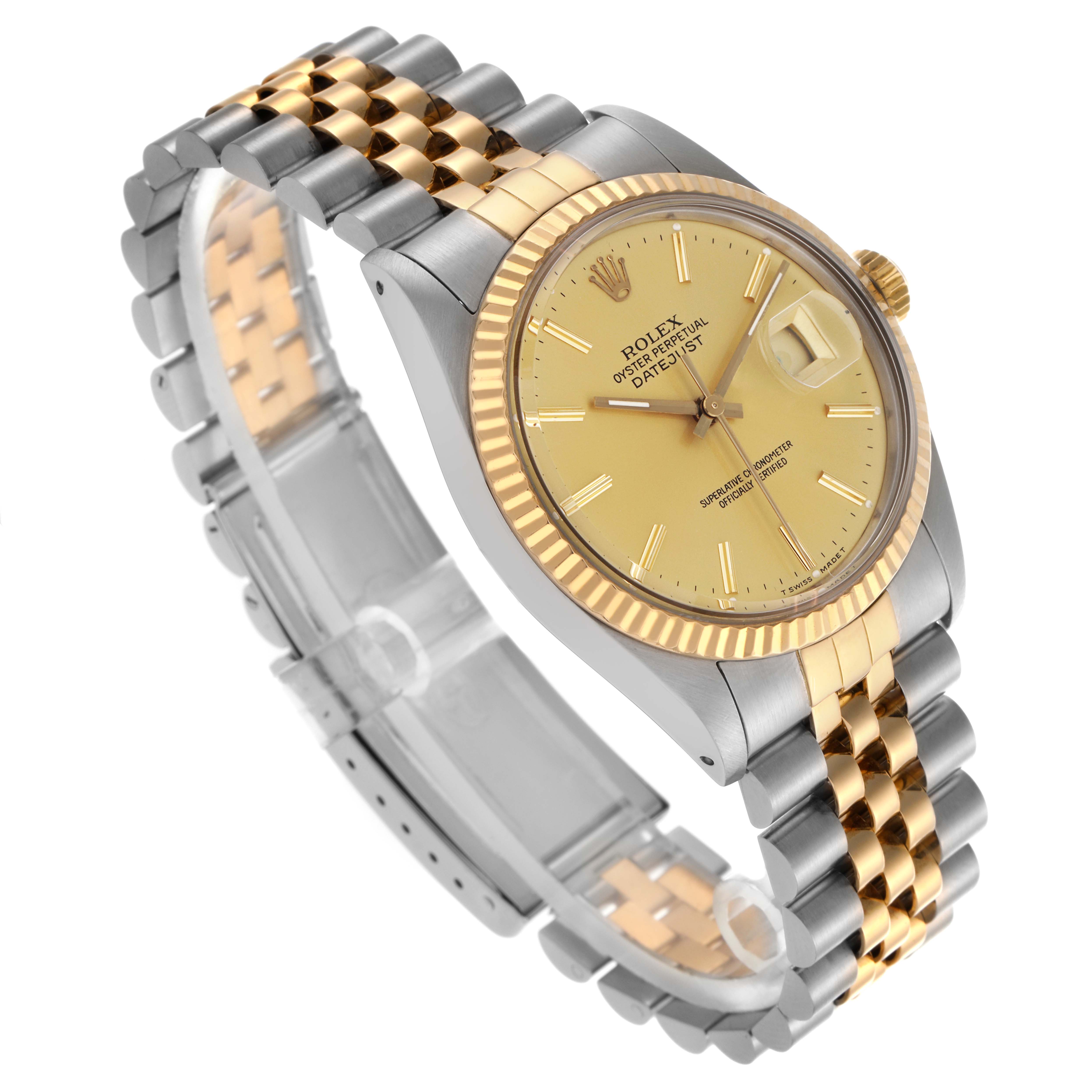 The Rolex Datejust 16013 Men's Steel and Gold (two tone) Champagne Dial 16013 Men's Steel and Gold (two tone) Champagne Dial watch is shown at a three-quarter angle, highlighting the gold fluted bezel, champagne dial, and Jubilee bracelet.